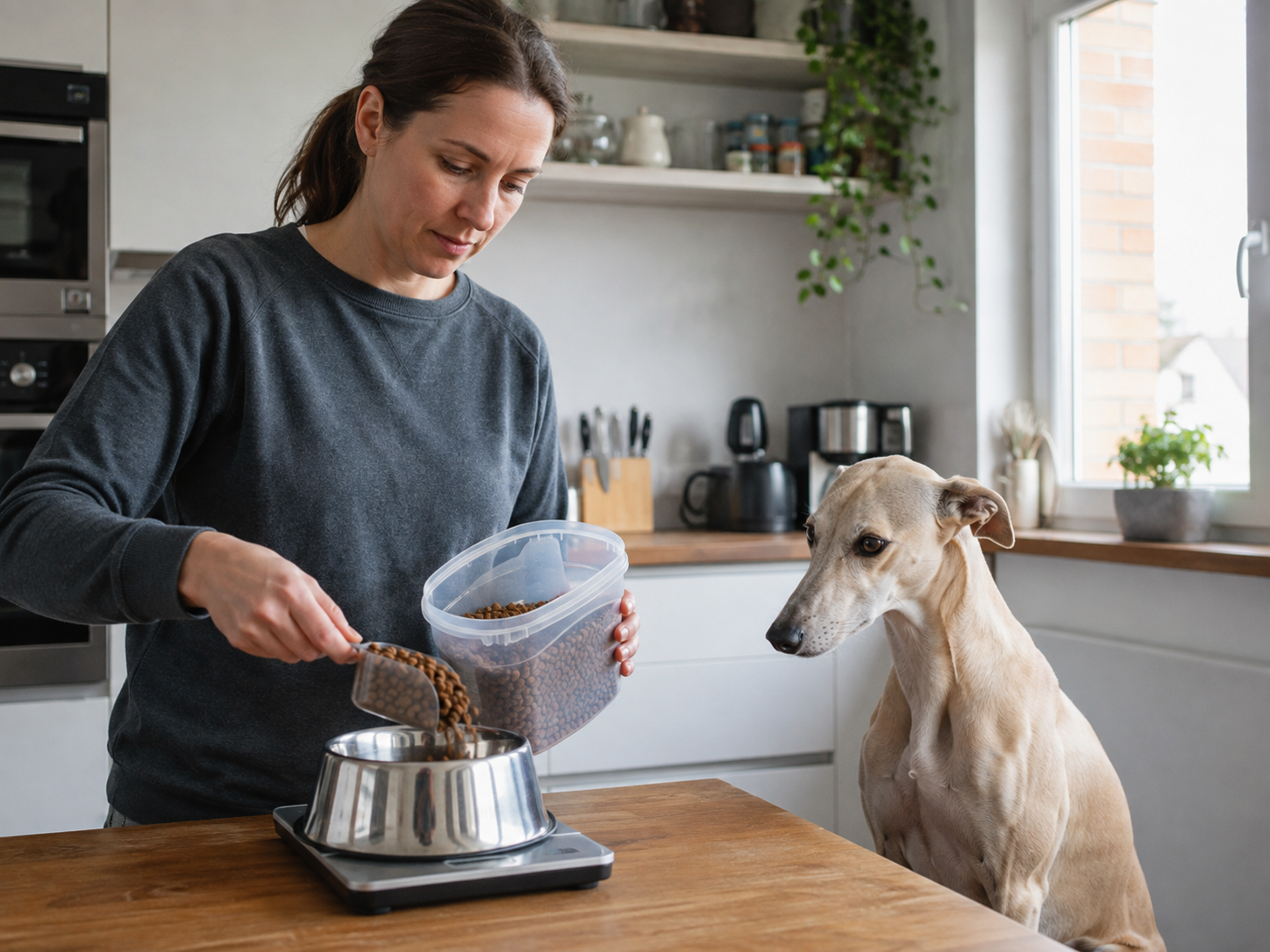 Frau portioniert Trockenfutter mit einem Messbecher in einen Napf auf einer Küchenwaage, ein schlanker Hund sieht zu