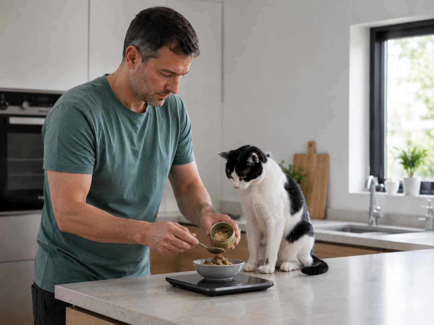 Mann misst das Futter seiner Katze in der Küche.