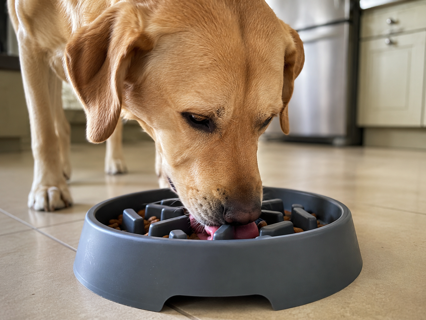 Blähungen beim Hund: Hund frisst aus Anti-Schling-Napf im Alltag