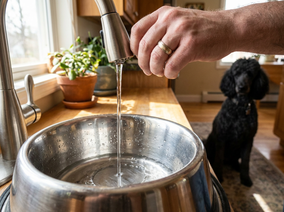 Trinkwasser für Hund und Katze: frischer Wassernapf aus Keramik in der Küche