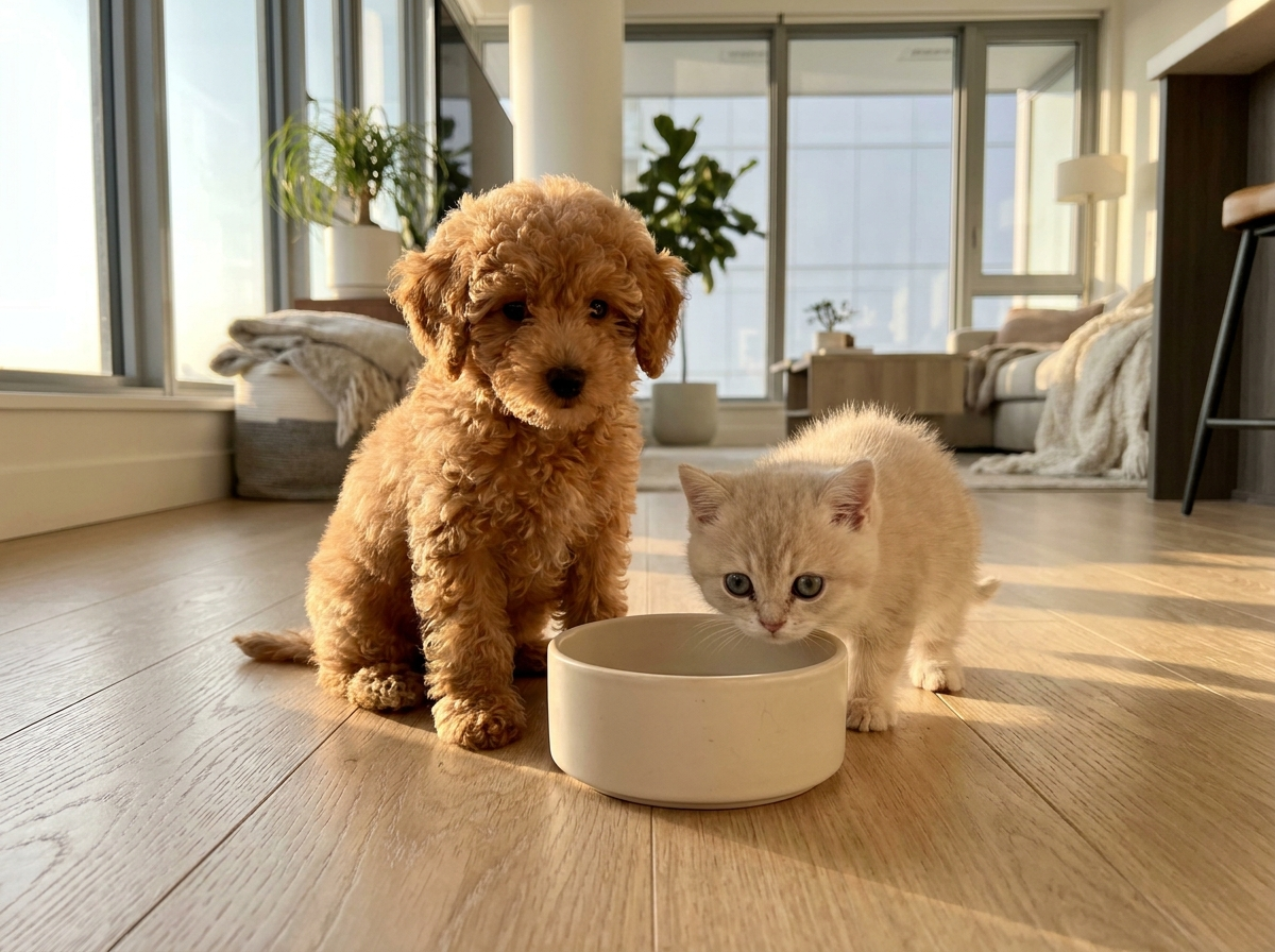 Mineralstoffe für Welpen und Kitten: Welpe und Kitten trinken neben Futternapf