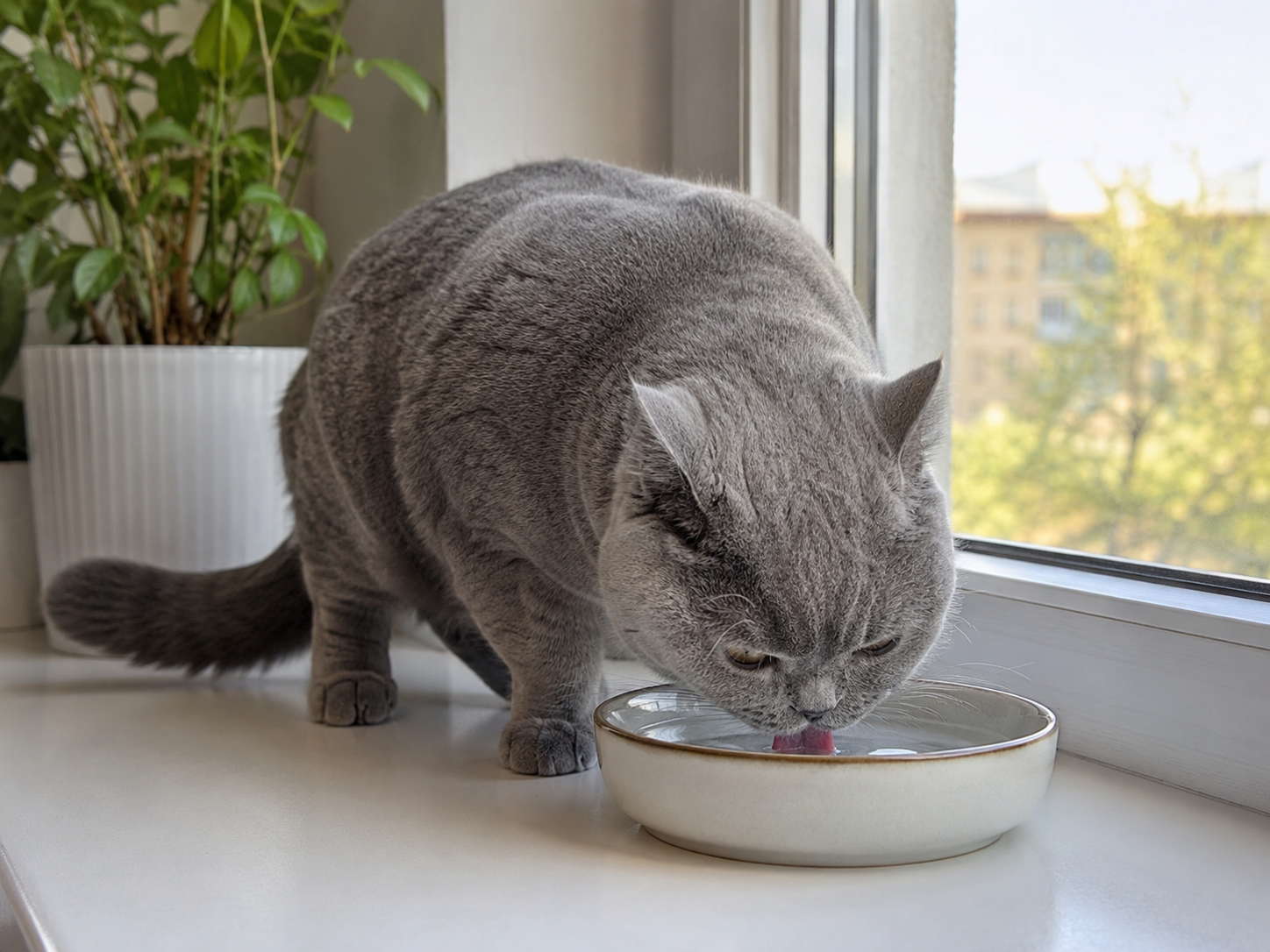 Katze trinkt wenig: eine silbergraue Britisch Kurzhaar trinkt aus einer flachen Keramikschale am Fensterplatz
