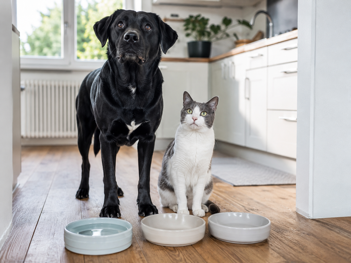 Durchfall nach Futterwechsel: ein schwarzer Labrador-Mix und eine weiß-graue Katze trinken an getrennten Wasserschalen in der Küche