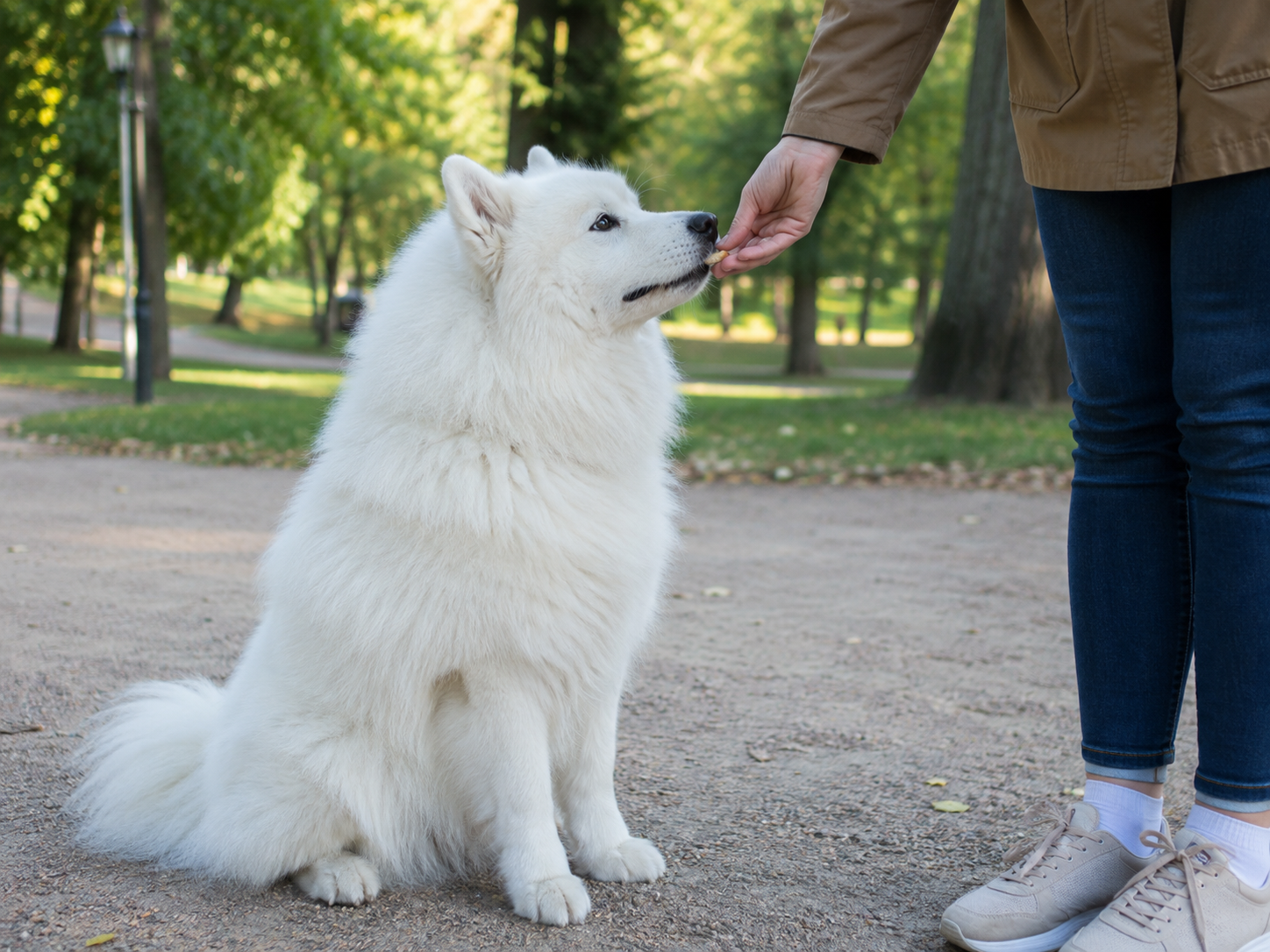 Leckerlis beim Hundetraining: ein weißer Samojede bekommt im Park ein kleines Trainingsleckerli aus der Hand