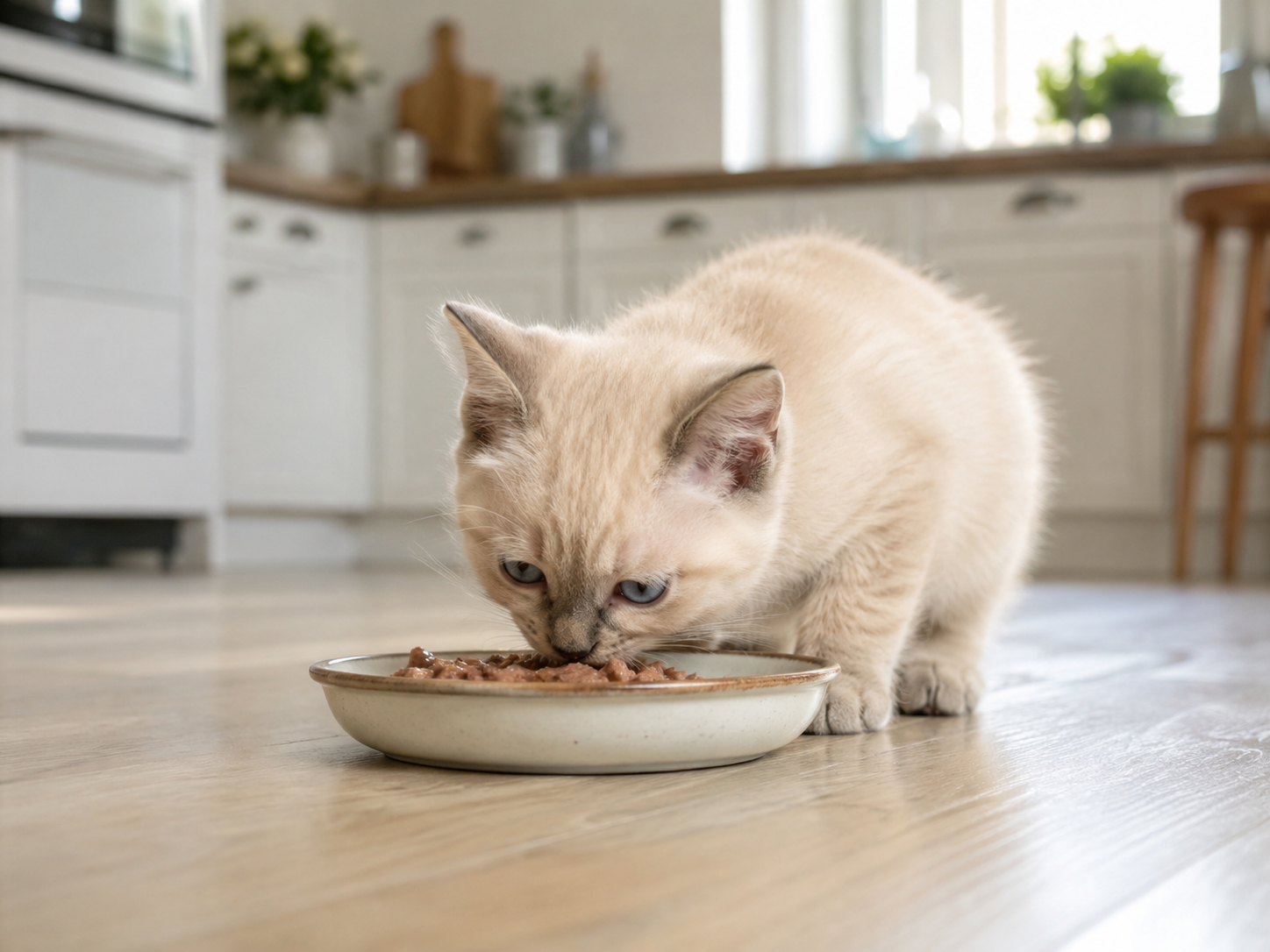Kitten richtig füttern: ein cremefarbenes Kitten frisst Nassfutter aus einer flachen Keramikschale in der Küche