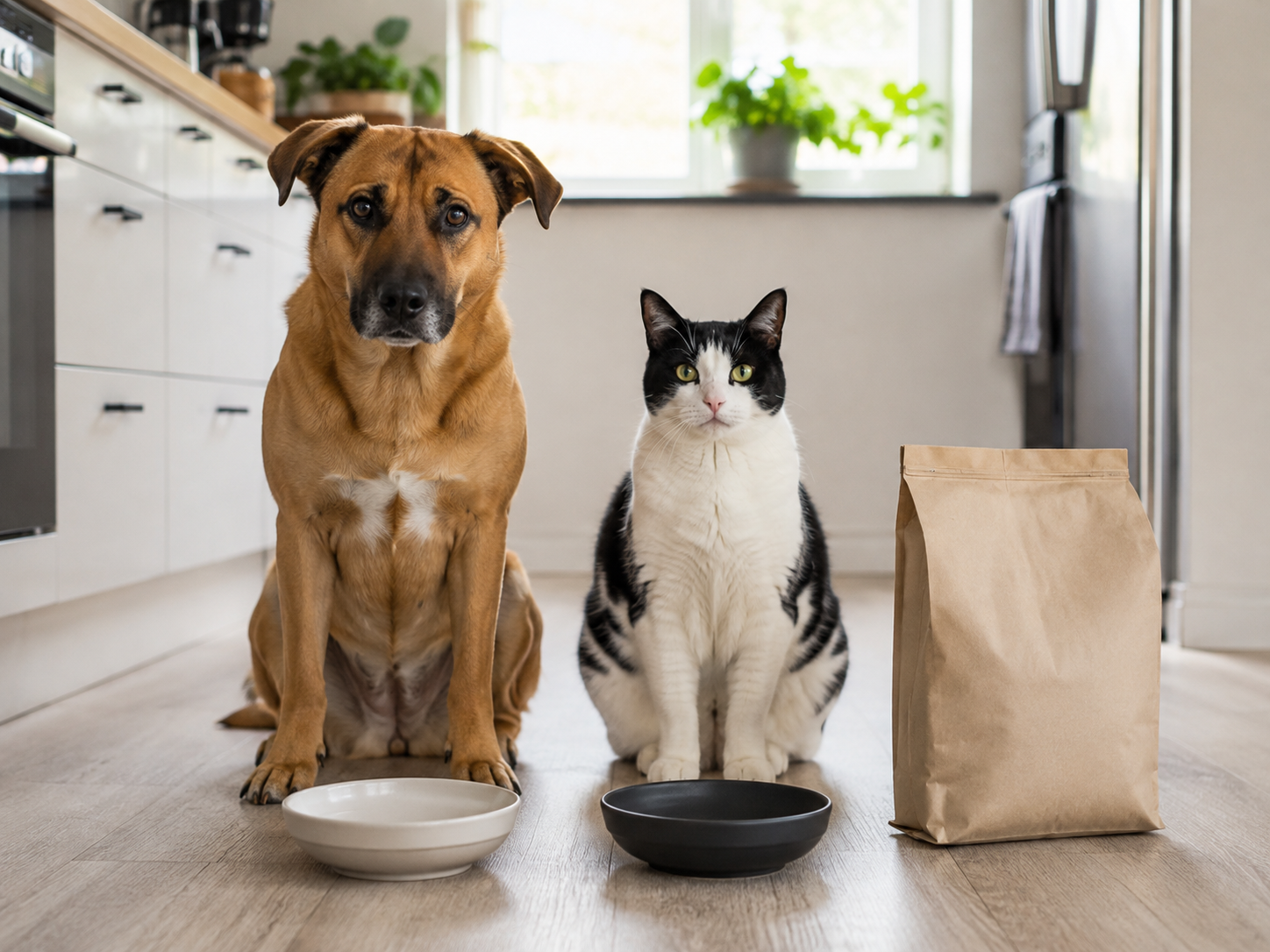 Ausgewogenes Tierfutter erkennen: ein brauner Mischlingshund und eine schwarz-weiße Katze sitzen neben zwei Futterschalen und einer Futterverpackung auf dem Küchenboden
