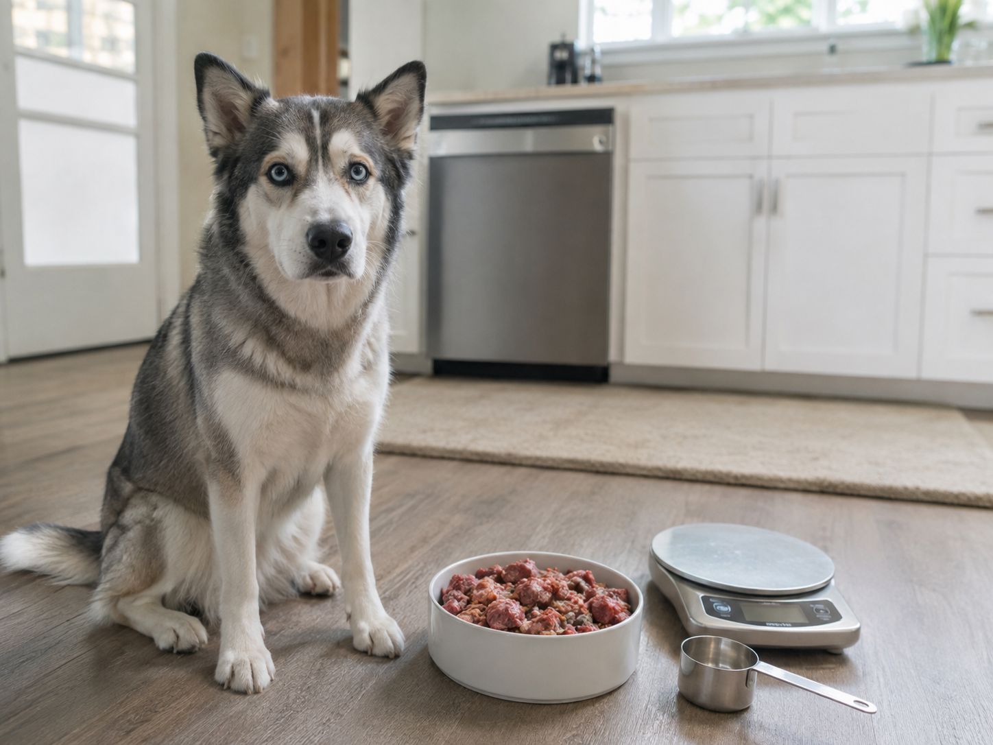 BARF Fehler beim Hund: ein grau-weißer Husky-Mix sitzt in der Küche neben einer Schüssel mit rohem Futter und einer Küchenwaage