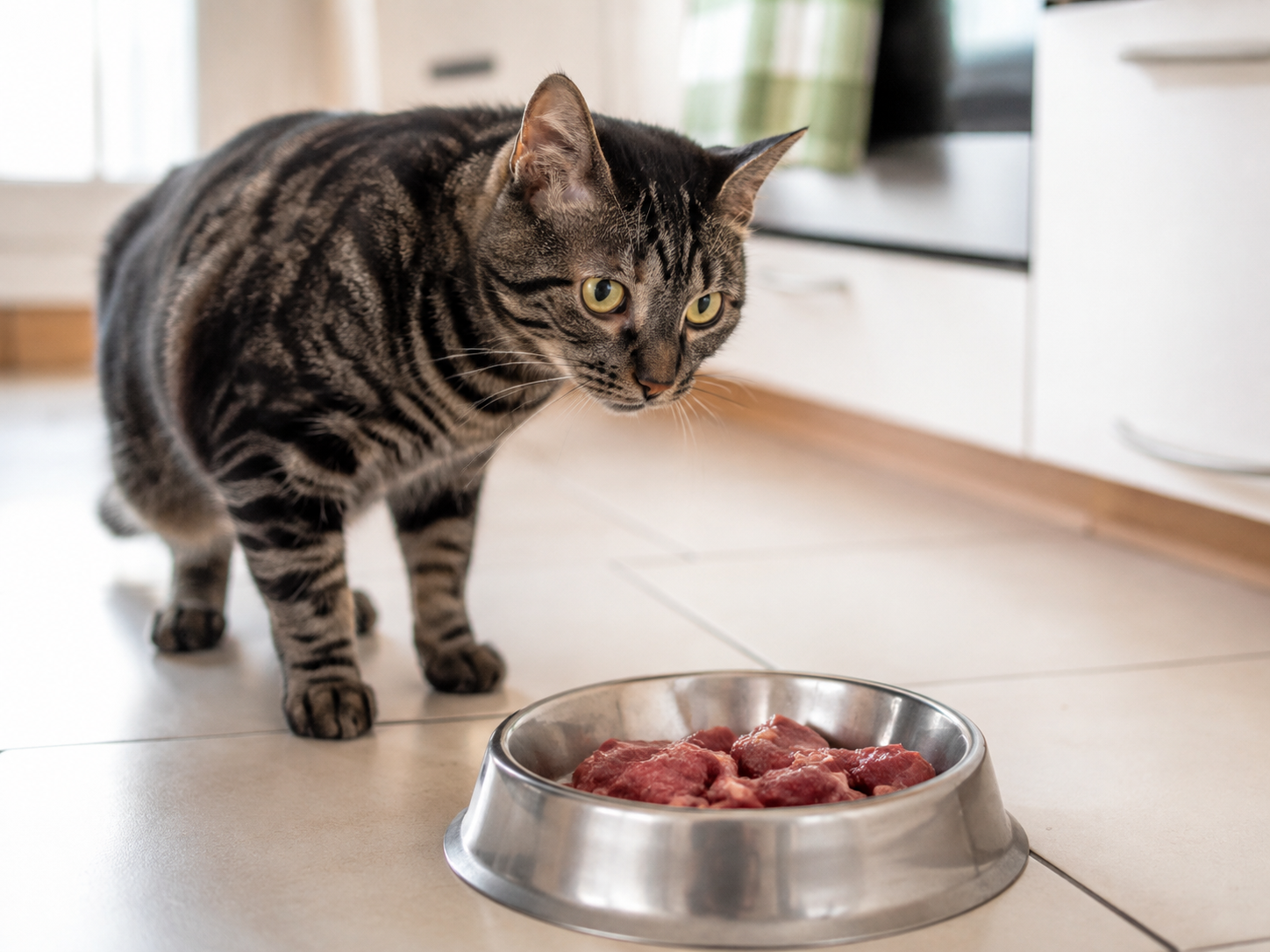BARF bei Katzen: eine schwarz getigerte Katze schnuppert skeptisch an einer Schüssel mit rohem Futter in der Küche