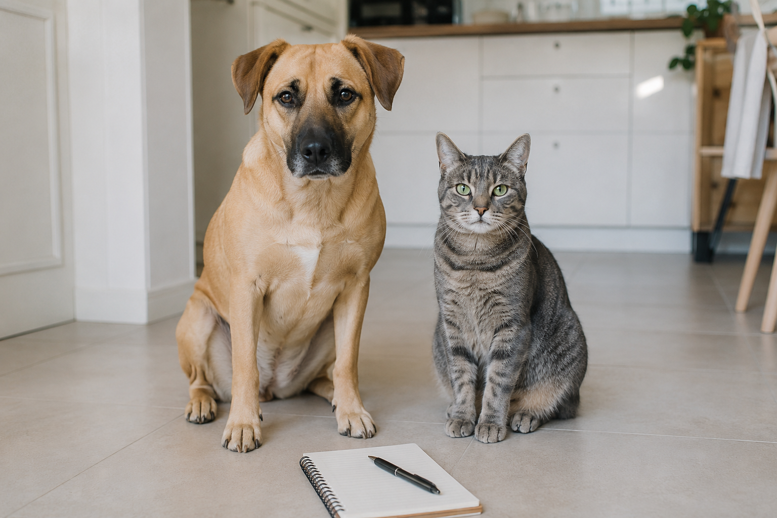Allergie oder Unverträglichkeit bei Hund und Katze: ein beiger Mischlingshund und eine grau getigerte Katze sitzen neben einem Notizbuch mit Fütterungsprotokoll