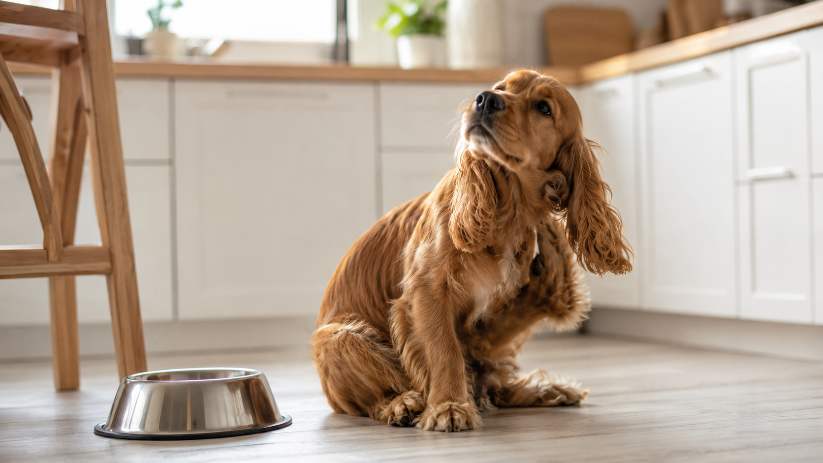 Ohrenentzündung beim Hund und Futter: ein brauner Cocker Spaniel kratzt sich am Ohr in der Küche, daneben steht eine Futterschüssel
