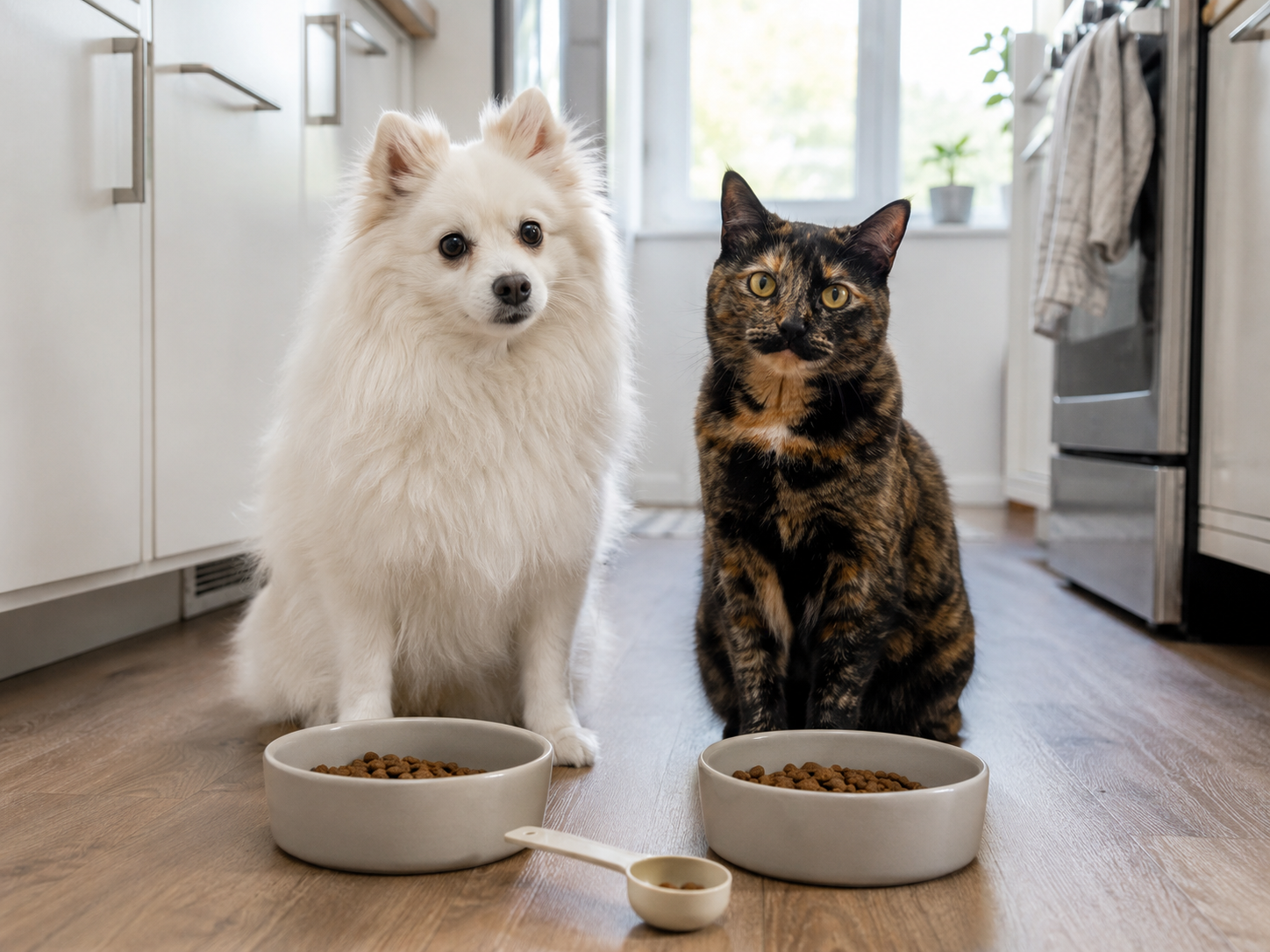 Darmflora stärken bei Hund und Katze: ein weißer Spitz und eine schildpattfarbene Katze sitzen neben zwei neutralen Futternäpfen und einem kleinen Messlöffel