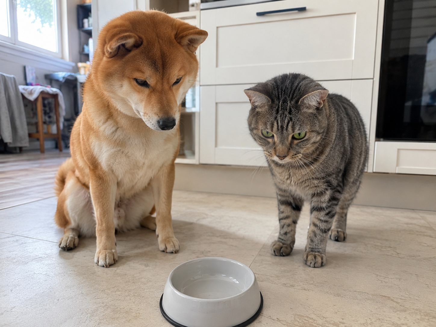 Tier hat ständig Hunger: ein rotbrauner Shiba Inu sitzt erwartungsvoll vor einem leeren Futternapf in der Küche
