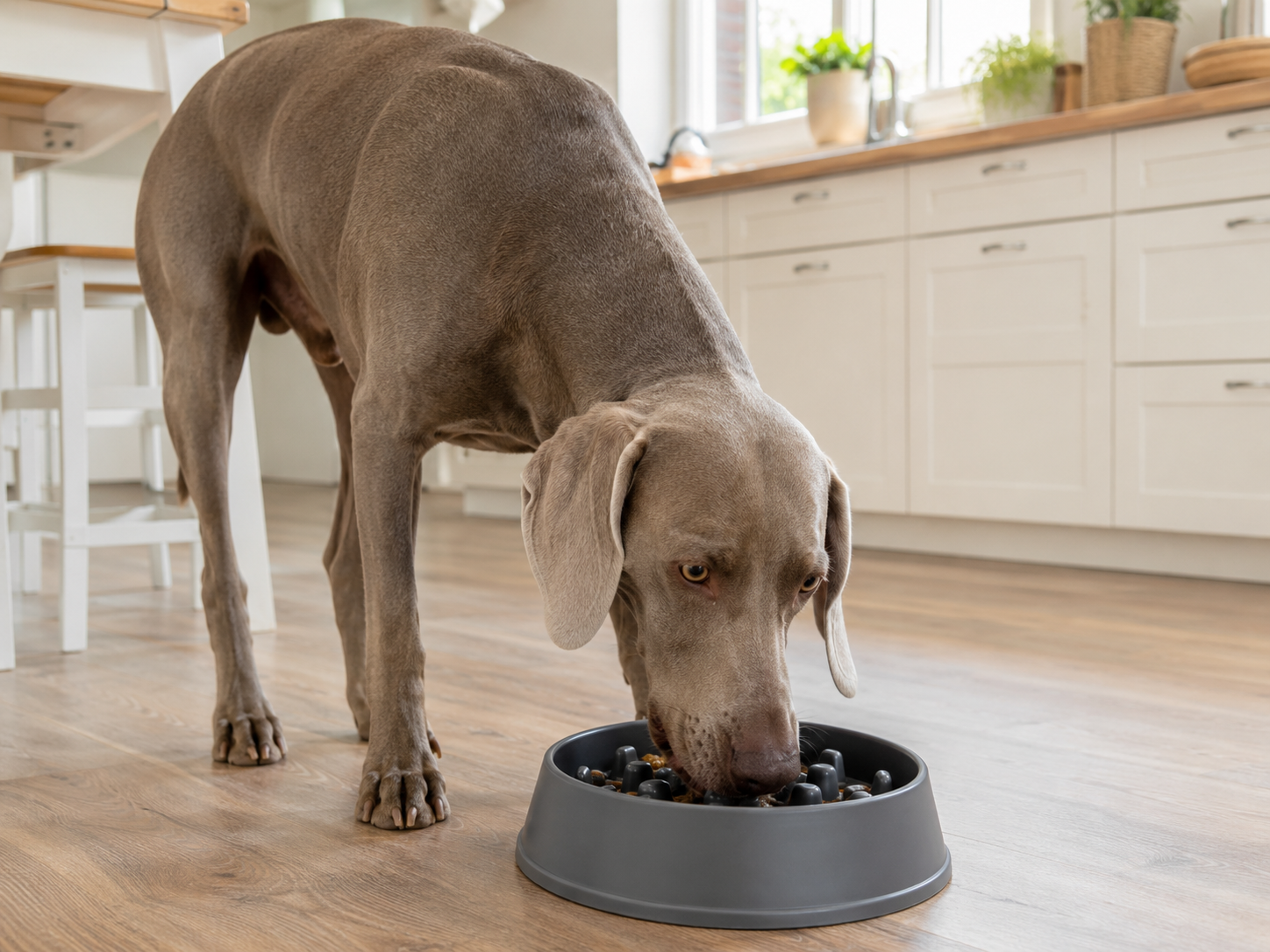 Magendrehung beim Hund vorbeugen: ein großer grauer Weimaraner frisst langsam aus einem Anti-Schling-Napf in einer ruhigen Küche