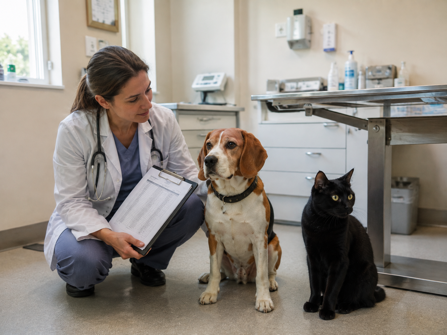 Auffällige Blutwerte bei Hund und Katze: eine Tierärztin zeigt ein Blutbild auf einem Klemmbrett, daneben sitzen ein Beagle und eine schwarze Katze