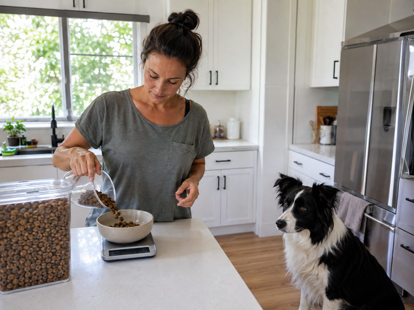 Futtermenge beim Hund berechnen: eine Frau wiegt Trockenfutter mit einer Küchenwaage ab, daneben sitzt ein junger Border Collie ruhig