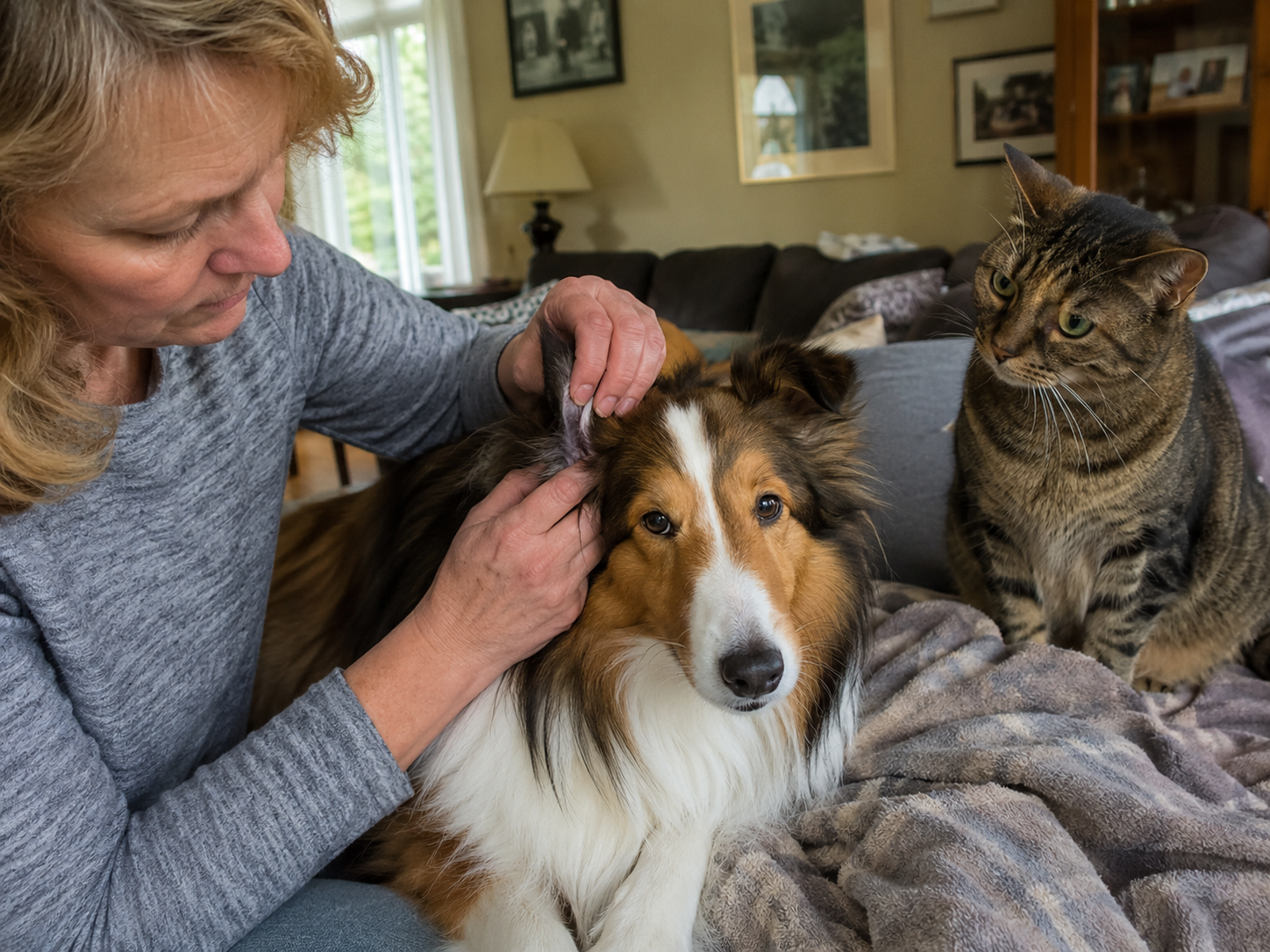 Zinkmangel bei Hund und Katze: eine Tierhalterin untersucht sanft das Fell eines Shetland Sheepdogs, daneben sitzt eine getigerte Katze auf einer Decke