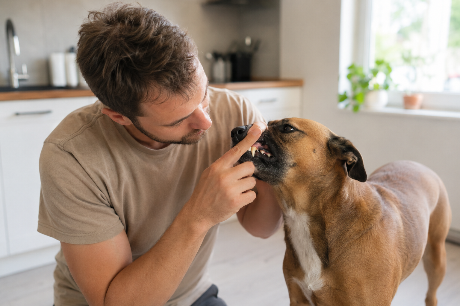 Mundgeruch beim Hund und Futter: ein Mann kontrolliert sanft die Zähne eines braunen Mischlingshundes in der Küche