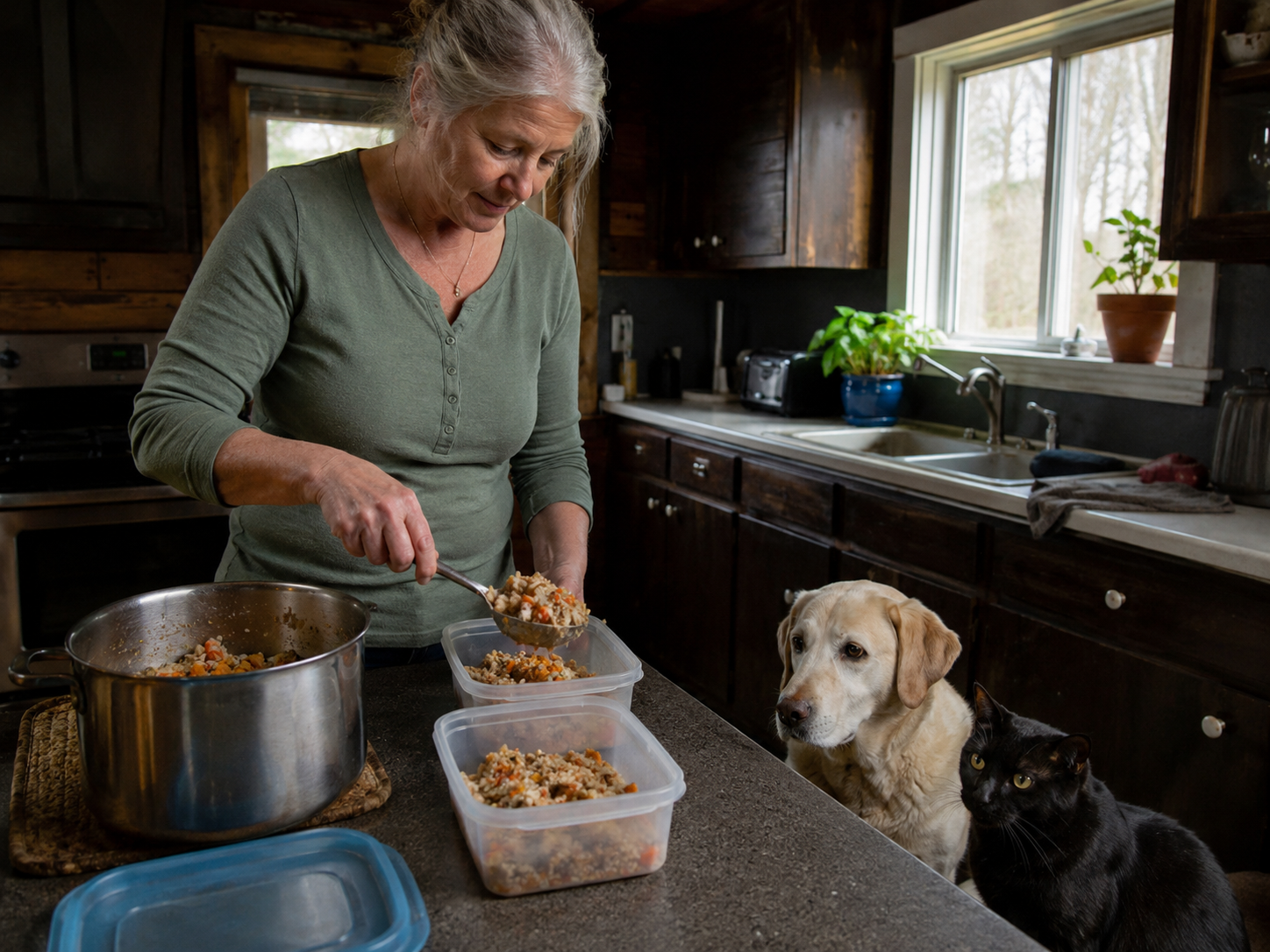 Selbst gekochtes Futter für Hund und Katze: eine Frau portioniert gekochtes Futter in Behälter, ein Golden Retriever und eine schwarze Katze warten ruhig daneben