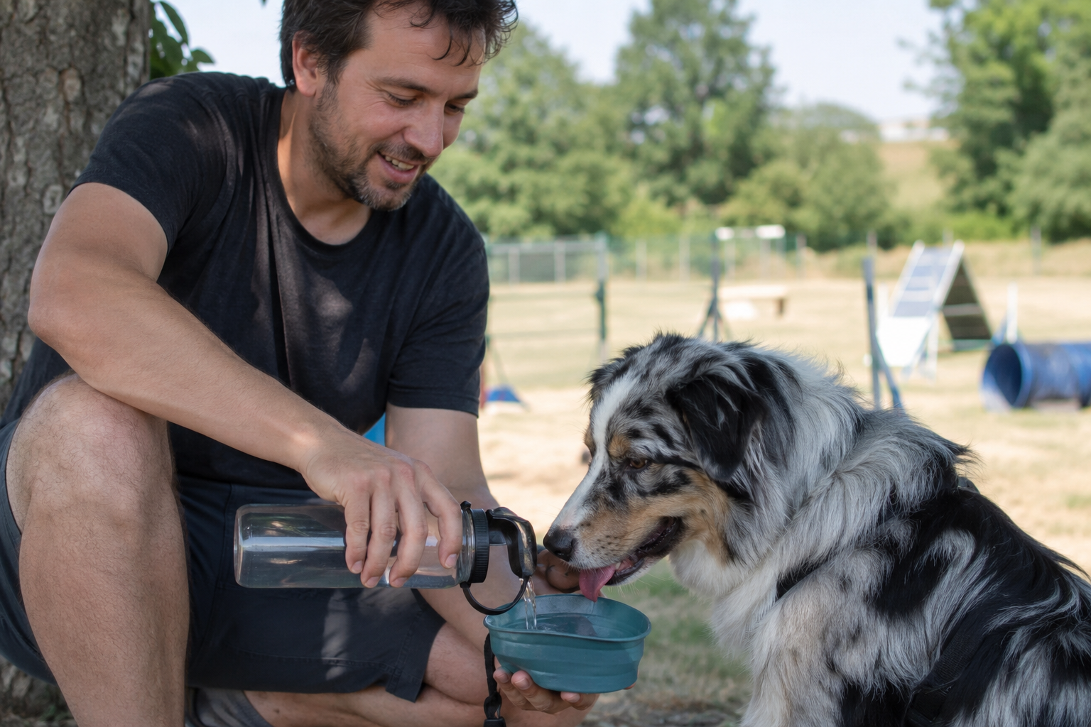 Sporthund bei Hitze richtig füttern: eine Frau gibt einem Australian Shepherd im Schatten schluckweise Wasser aus einer Trinkflasche