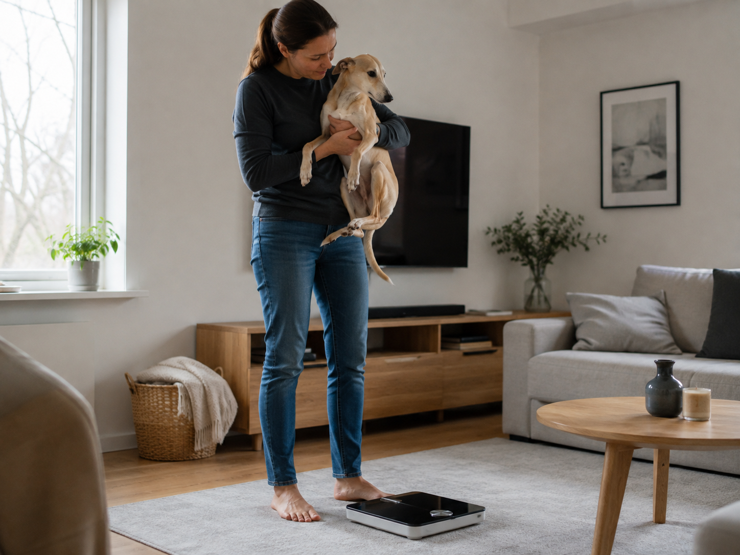 Hund nimmt nicht zu: Nahaufnahme einer Waage mit Futternapf und Messbecher, Fokus auf genaue Portionierung