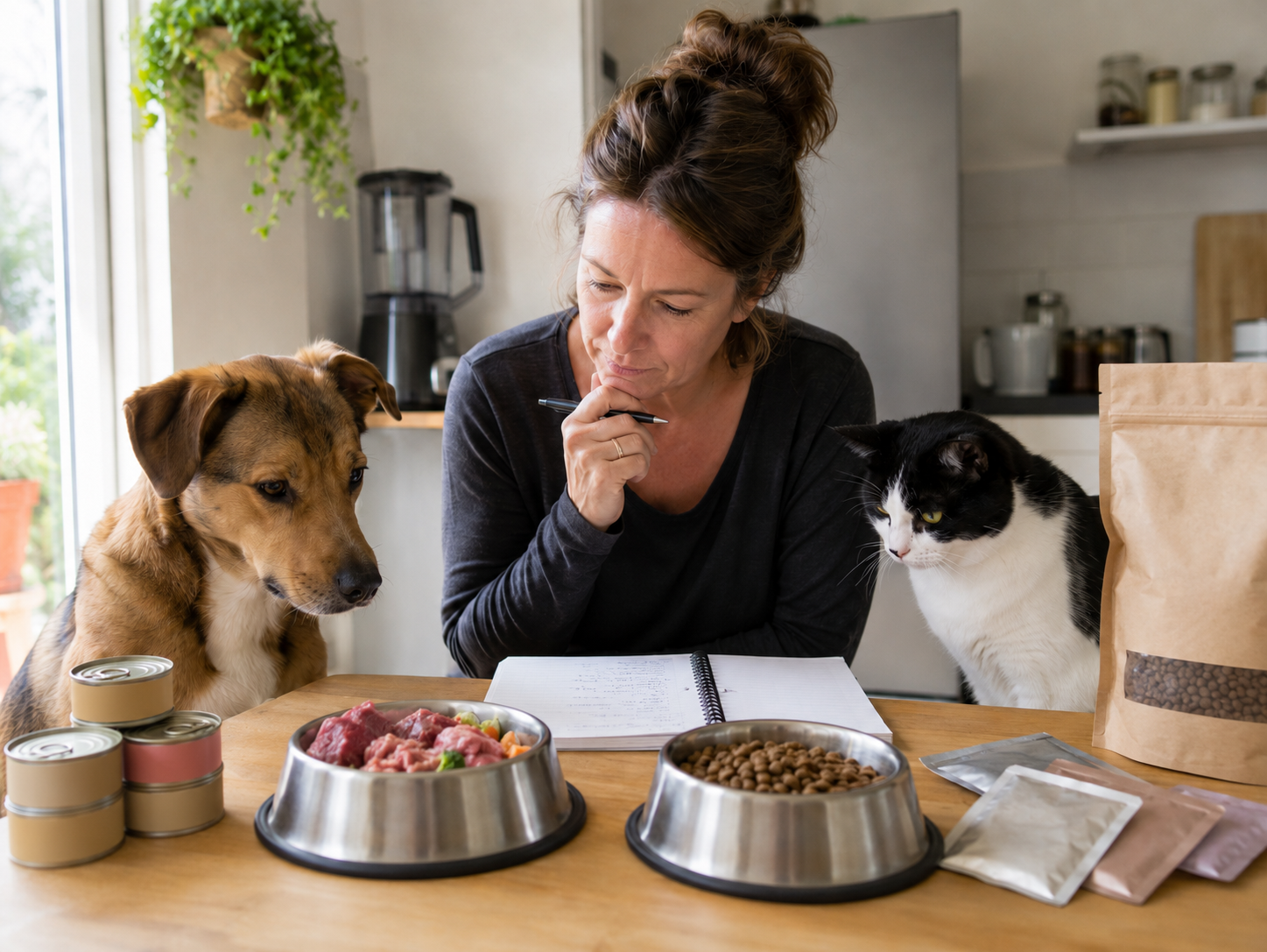 Fütterungsmythen bei Hund und Katze: Tierhalter vergleicht zwei Futtersorten am Tisch, Hund und Katze schauen neugierig zu