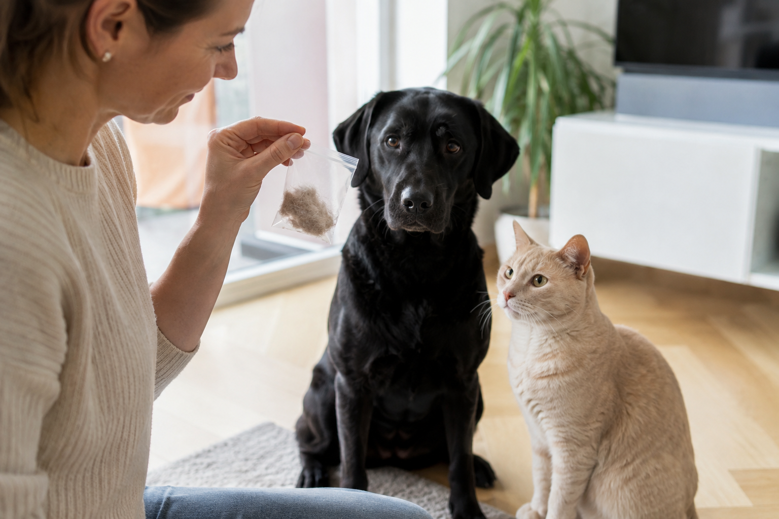 Haaranalyse bei Hund und Katze: eine Frau hält eine kleine Haarprobe in einem sauberen Probenbeutel, daneben sitzen ein schwarzer Labrador und eine cremefarbene Kurzhaarkatze