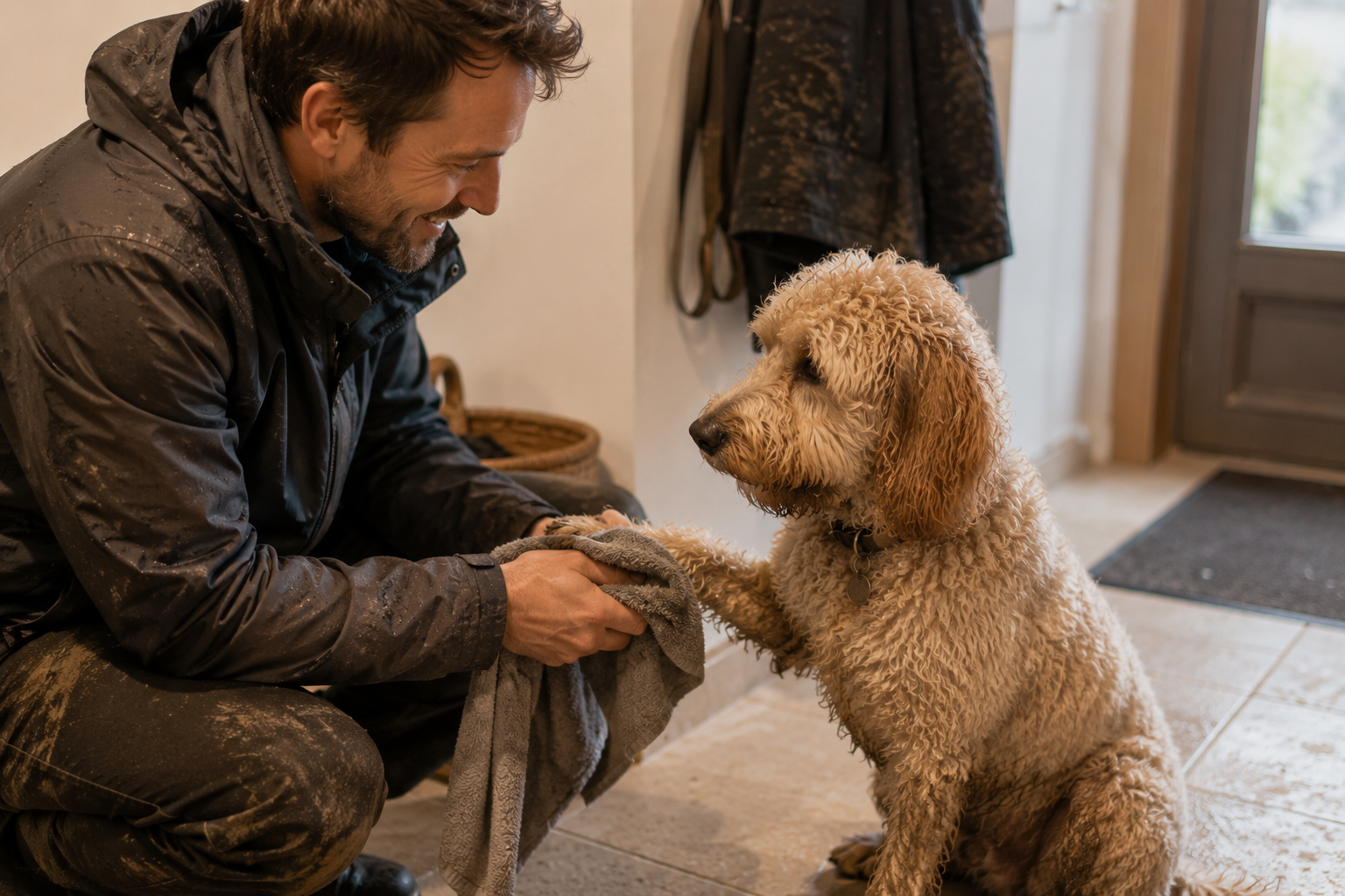 Pfotenpflege beim Hund im Herbst: eine Mann trocknet die Pfoten eines beigen Labradoodle nach einem nassen Spaziergang mit einem Handtuch