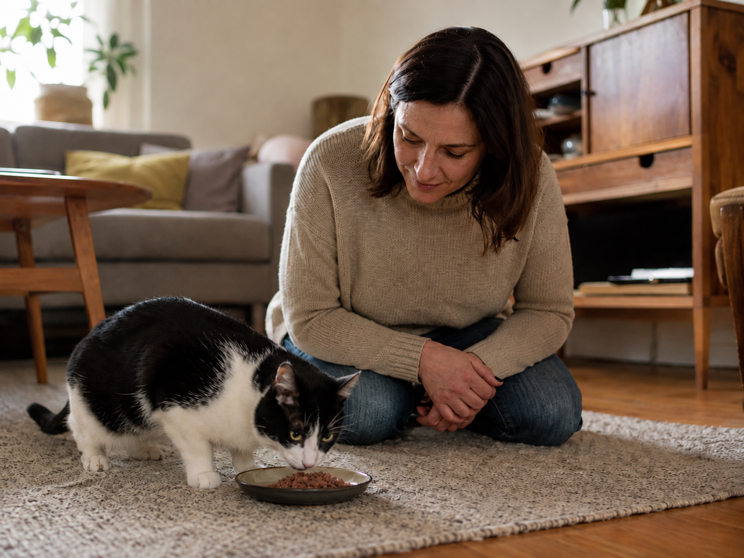 FORL bei Katzen: eine schwarz-weiße Katze sitzt vor einem Napf und frisst nur zögerlich, eine Tierhalterin beobachtet besorgt das Fressverhalten