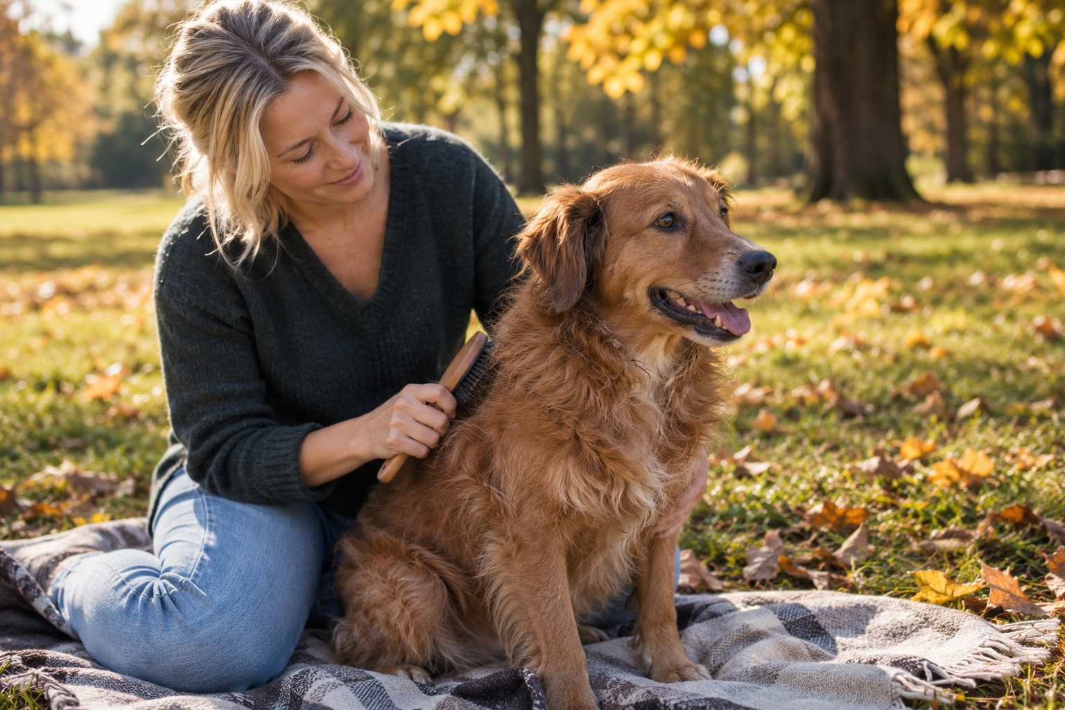 Fellwechsel im Herbst: eine Frau bürstet einen rotbraunen Mischlingshund, daneben sitzt eine graue Katze und beobachtet ruhig