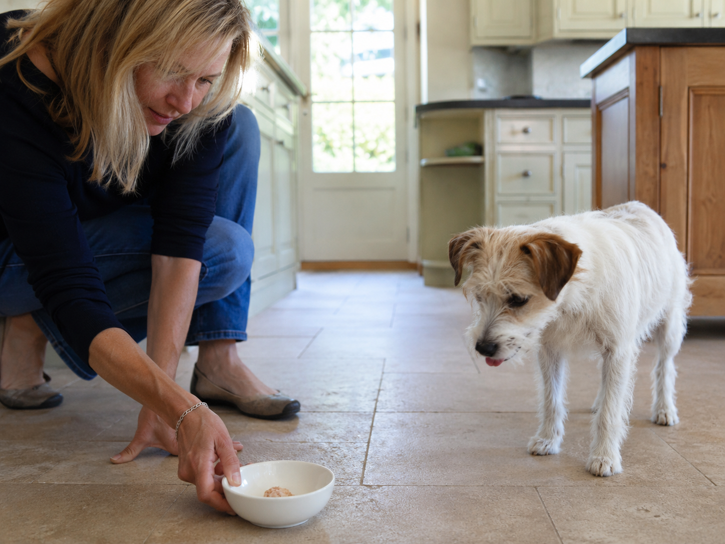 Reflux beim Hund: eine Frau füttert einem kleinen Terrier eine kleine Portion aus einem Napf, der Hund schmatzt und wirkt unruhig