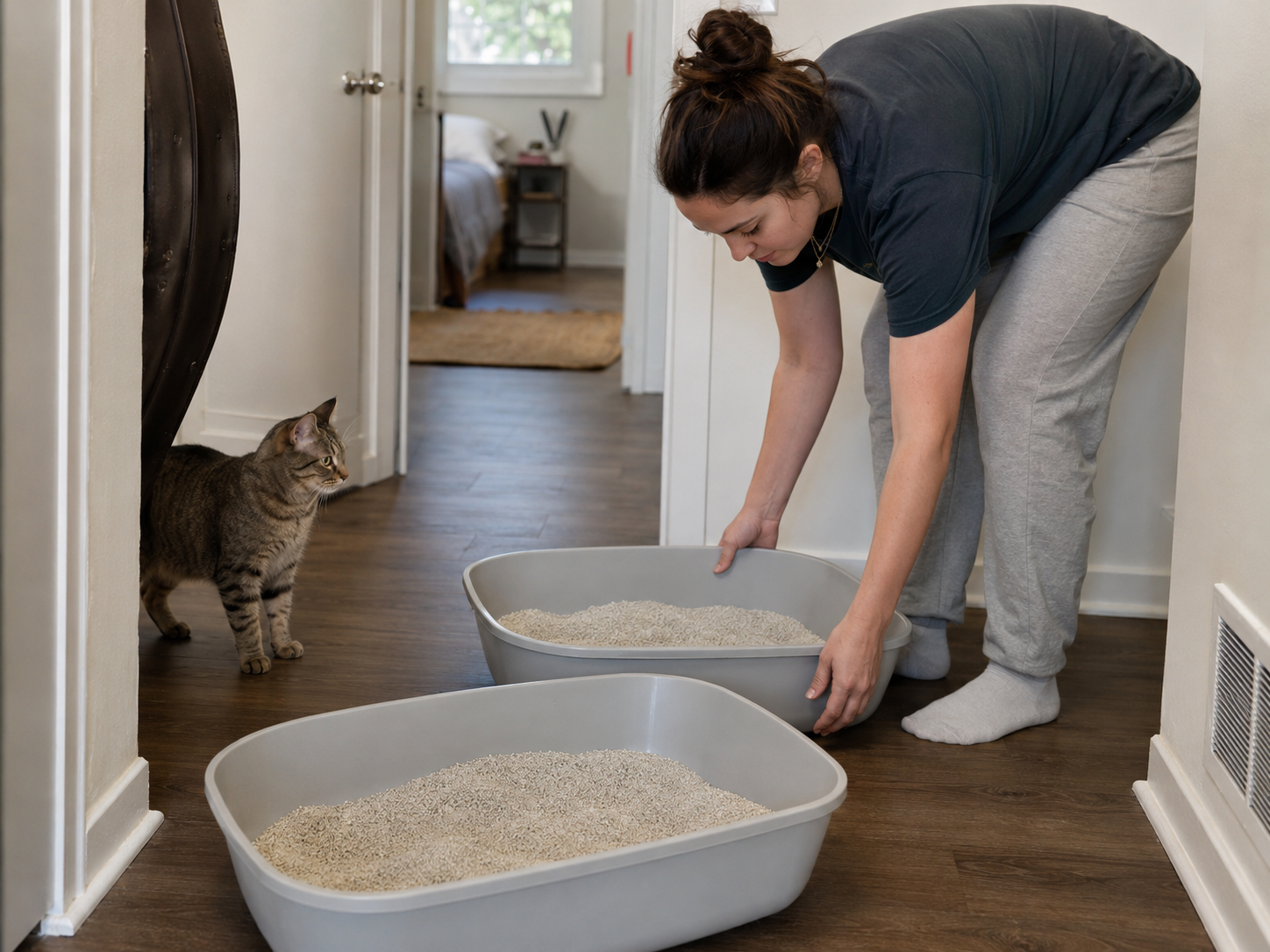 Katzenklo Setup: eine Frau stellt zwei offene Katzenklos in einem ruhigen Flur auf, eine getigerte Katze beobachtet neugierig