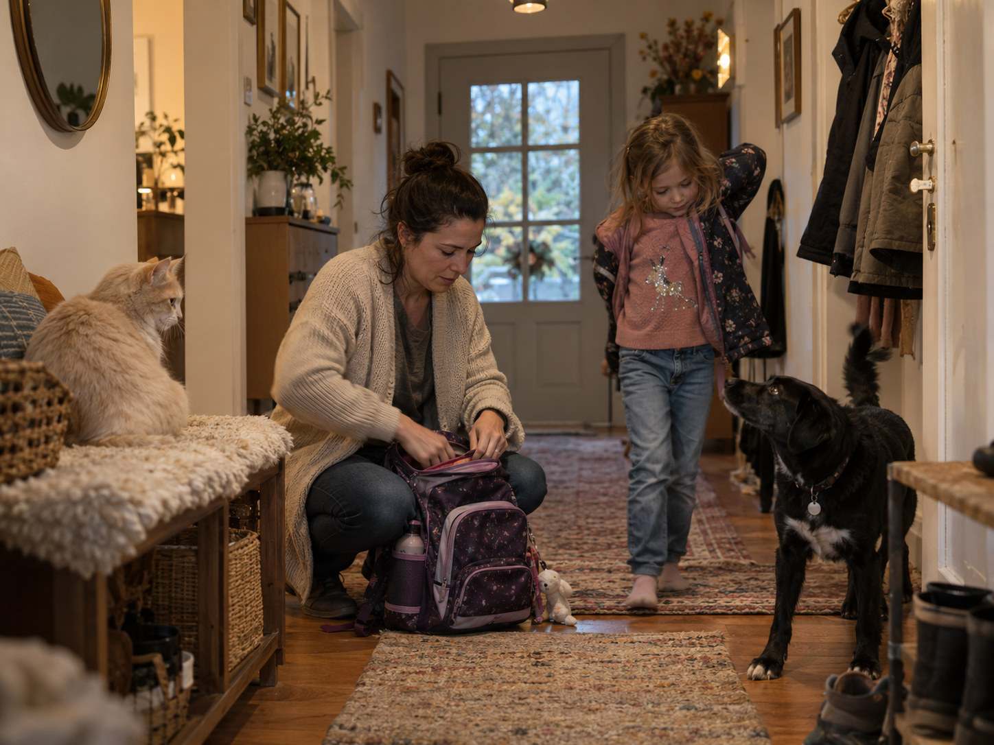 Stress im Herbst: eine Frau packt eine Schultasche, während ein Hund und eine Katze im Flur unruhig warten