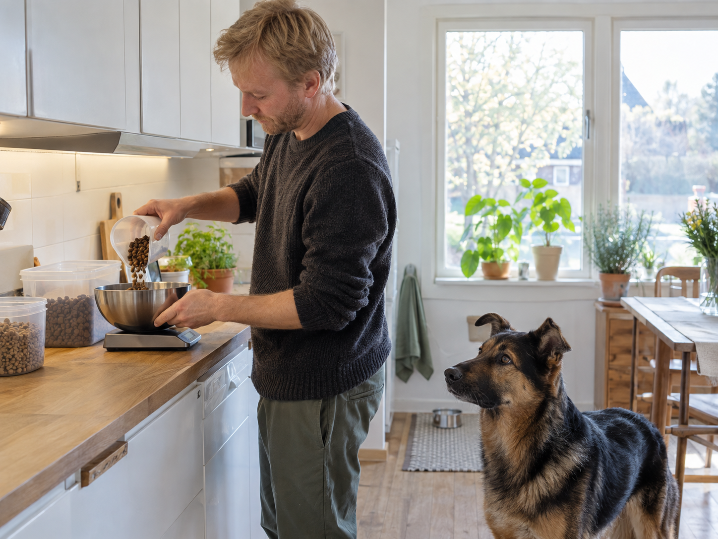 Futterumstellung beim Hund: ein Mann wiegt zwei Futtersorten ab und mischt sie in einer Schüssel, ein mittelgroßer Hund wartet ruhig daneben