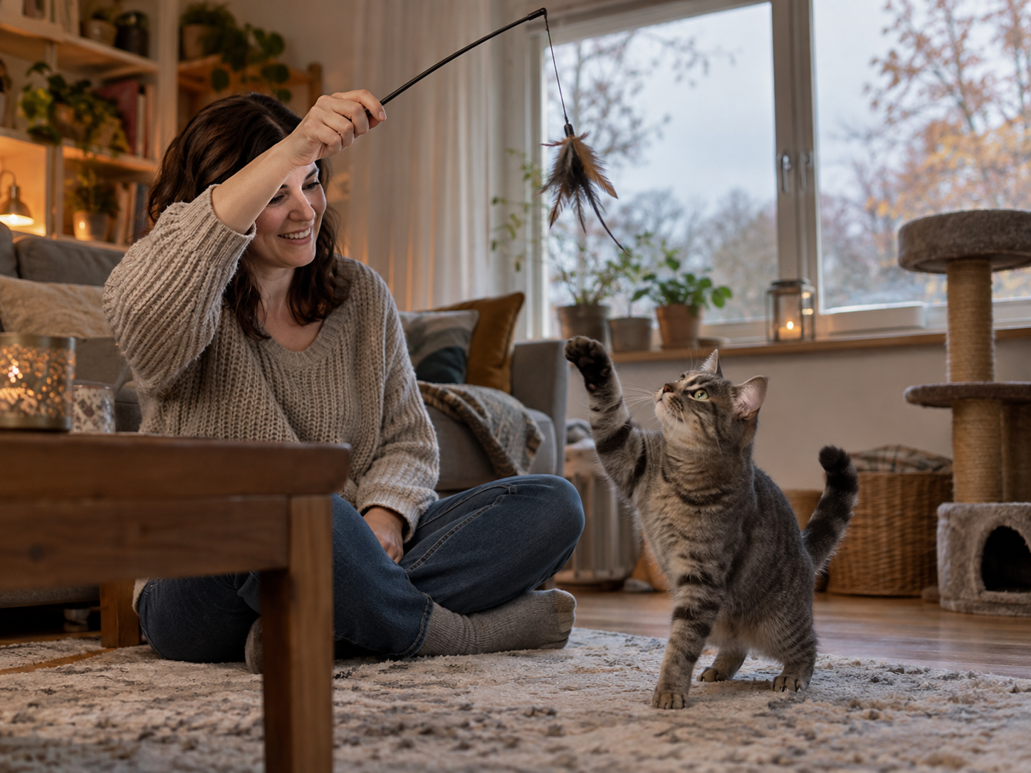 Herbst Routine für Wohnungskatzen: eine Frau spielt mit einer getigerten Katze mit einer Angel im Wohnzimmer, draußen ist graues Herbstlicht am Fenster