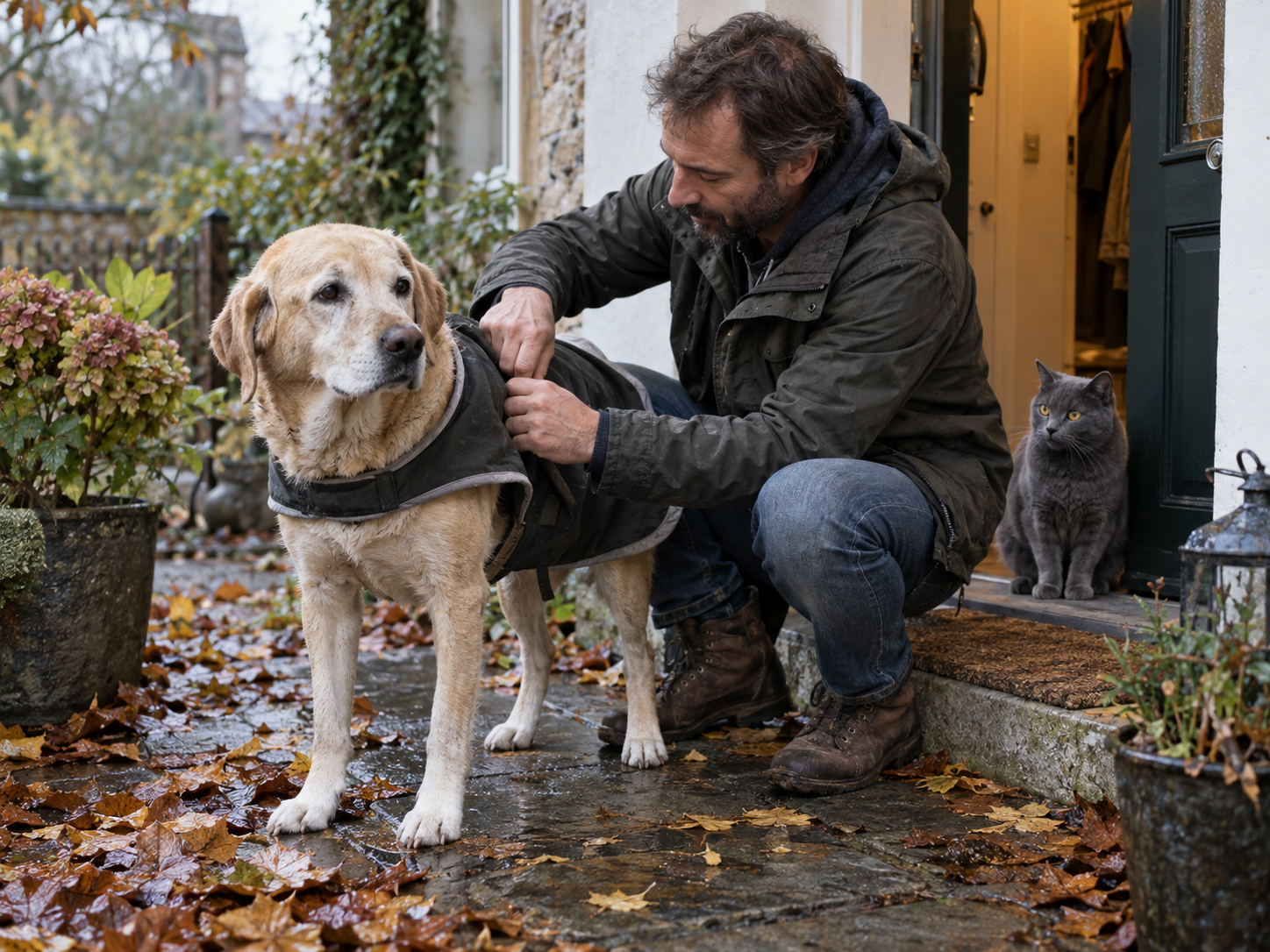 Arthrose Schub: eine Frau zieht einem älteren Hund im feuchten Herbst einen Mantel an, die Katze sitzt daneben und schaut zu