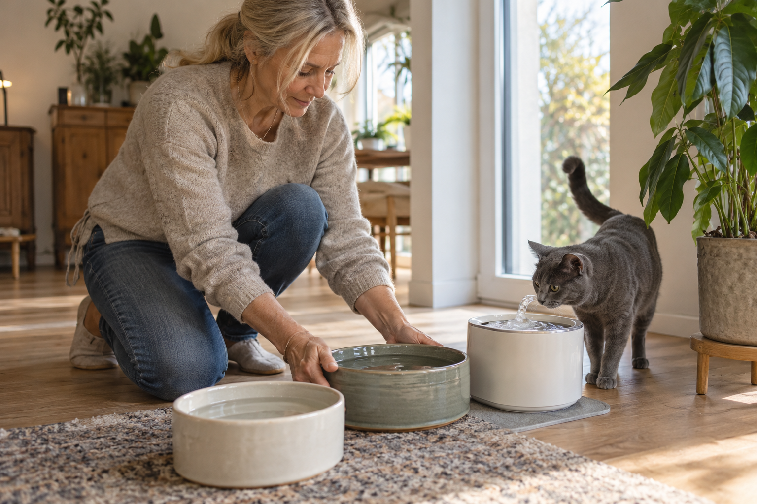 Verstopfung bei Katzen: eine Frau stellt mehrere Wassernäpfe und einen Trinkbrunnen in der Wohnung auf, eine graue Katze schaut neugierig