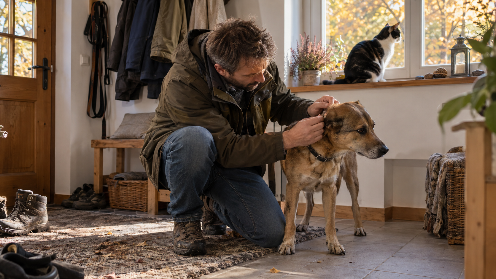 Zecken im September: eine Frau kontrolliert nach dem Spaziergang das Fell eines Hundes, daneben sitzt eine Katze am Fenster, Herbstlicht