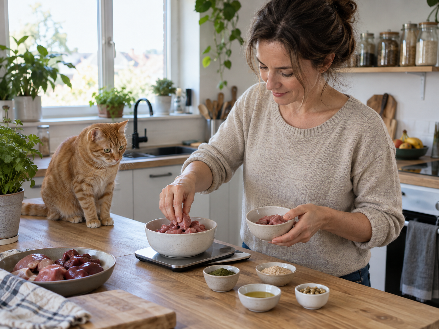 BARF bei Katzen: eine Frau wiegt rohes Fleisch und Supplemente in kleinen Schälchen auf einer Küchenwaage ab, eine Katze sitzt neugierig daneben