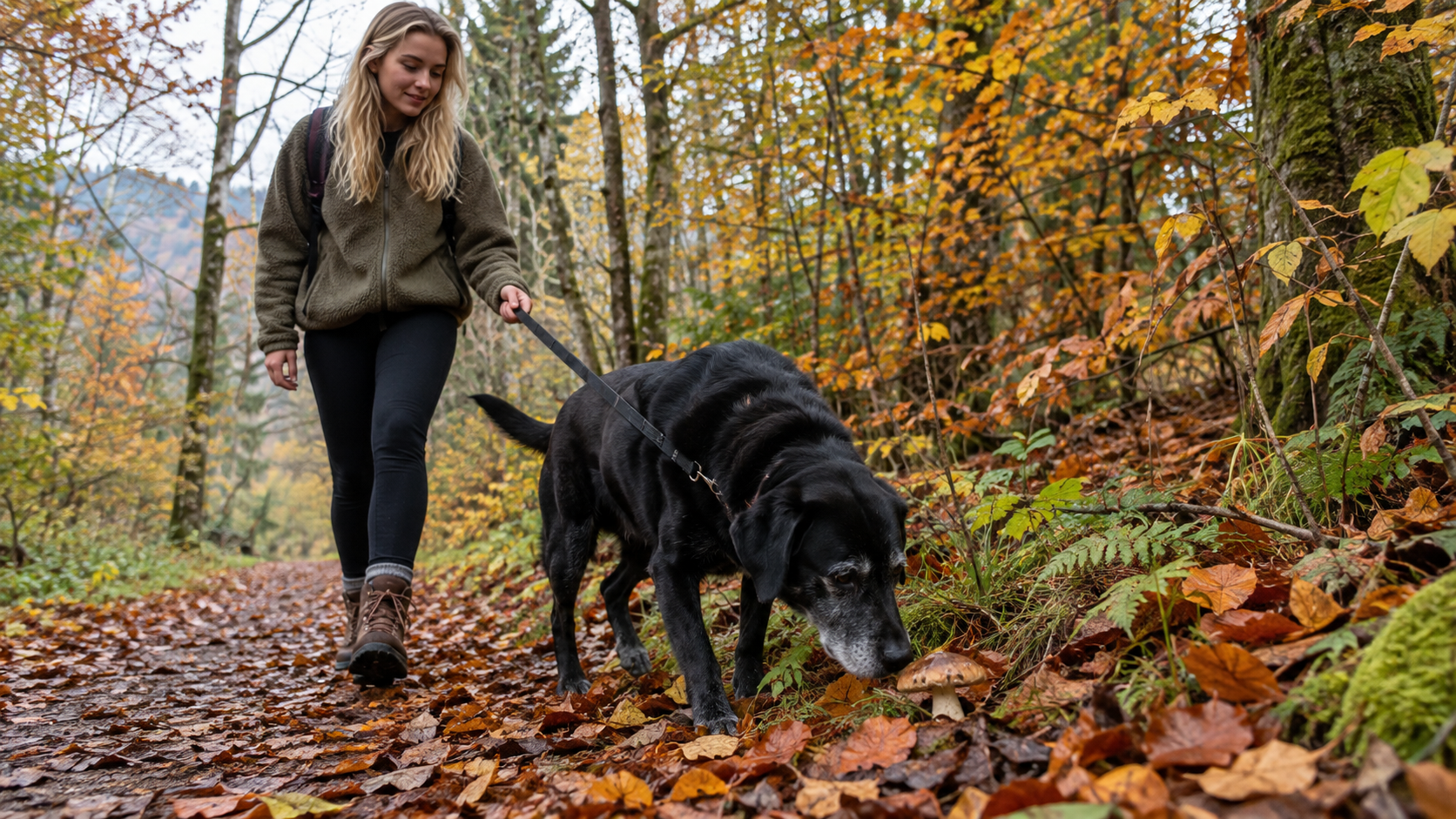 Pilzvergiftung beim Hund: eine Frau hält ihren Hund im Herbstlaub an der Leine, der Hund schnuppert an einem Pilz am Wegesrand