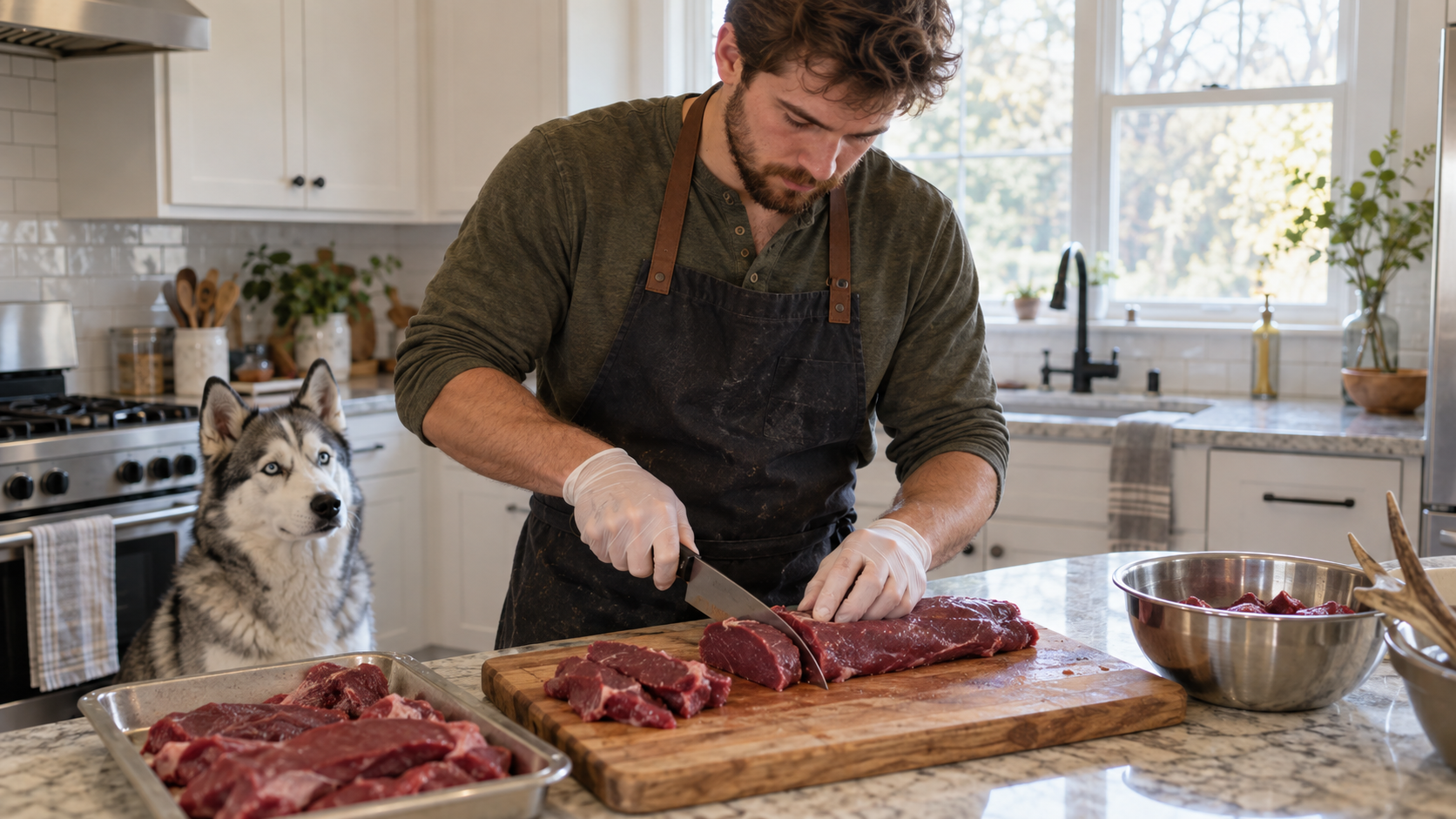 Rohes Wildfleisch für Hunde: ein Mann portioniert Wildfleisch auf einem Schneidebrett, ein Hund wartet im Hintergrund, saubere Küche