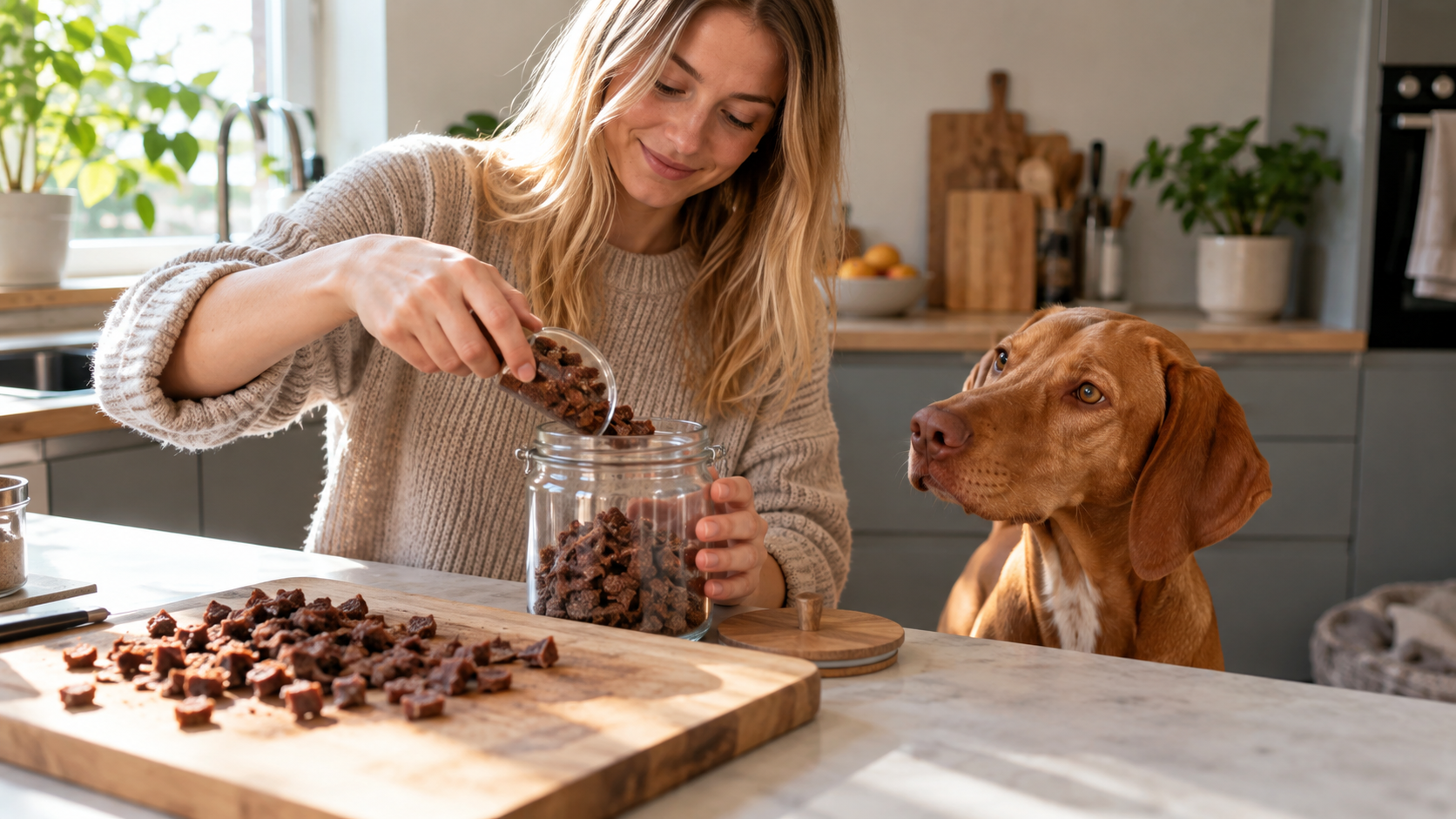 Allergie beim Hund managen: eine Frau füllt hypoallergene Trainingshappen in eine Dose, ein Hund schaut erwartungsvoll daneben