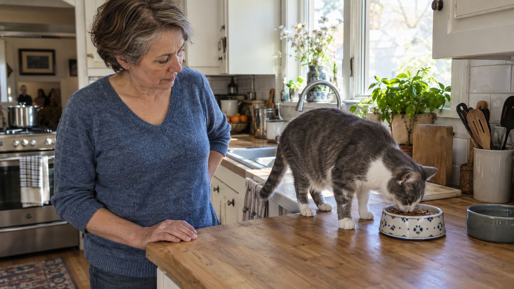 Hyperthyreose bei Katzen – ältere Katze beim Fressen in der Küche