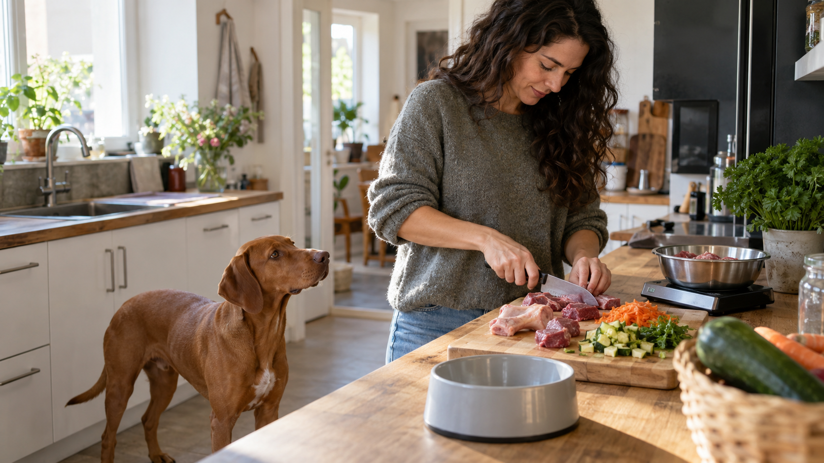 Calcium beim BARF – Hund vor ausgewogener BARF-Ration mit Calciumquelle