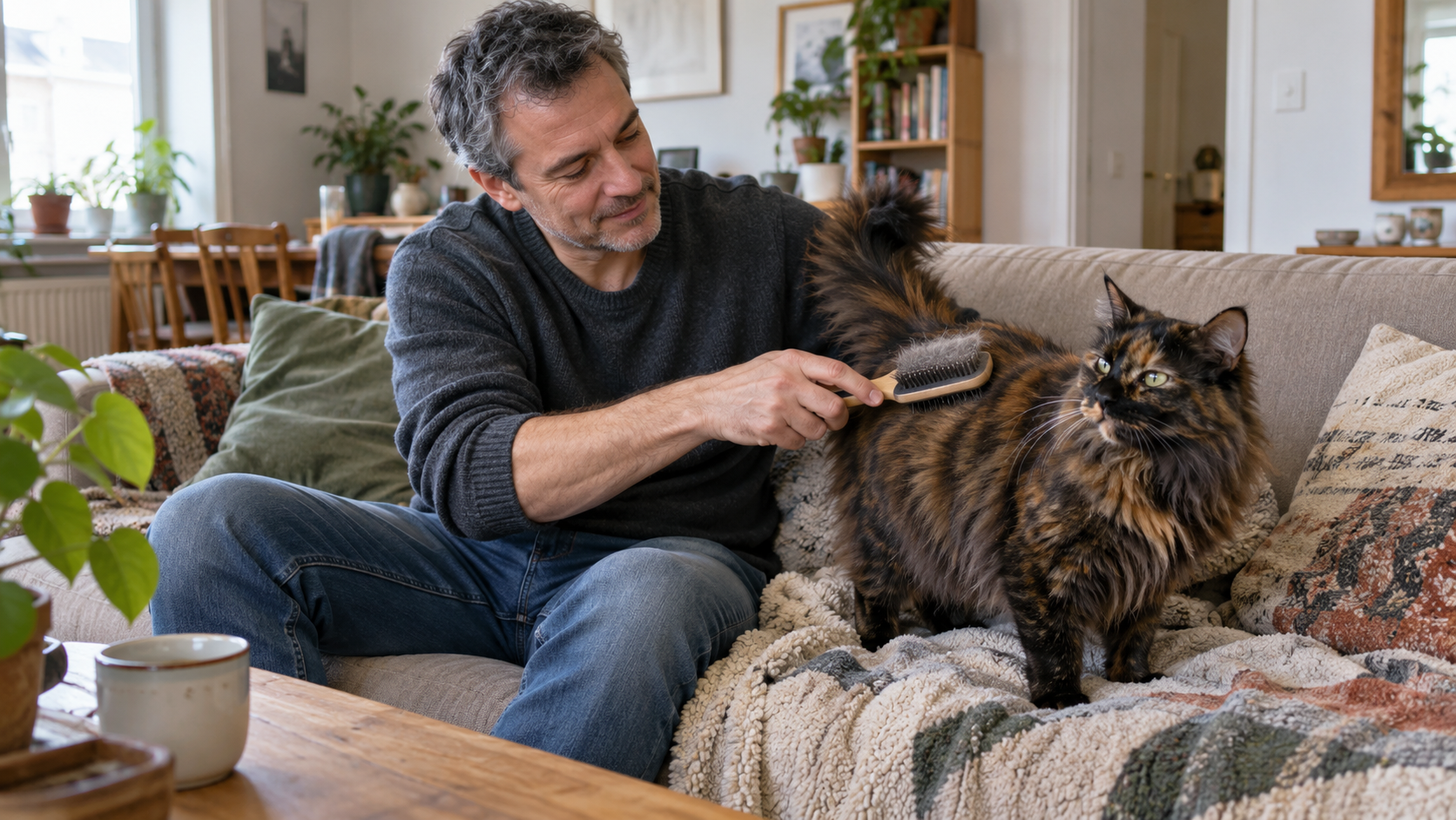 Haarballen bei Katzen – Langhaarkatze wird während des Fellwechsels gebürstet