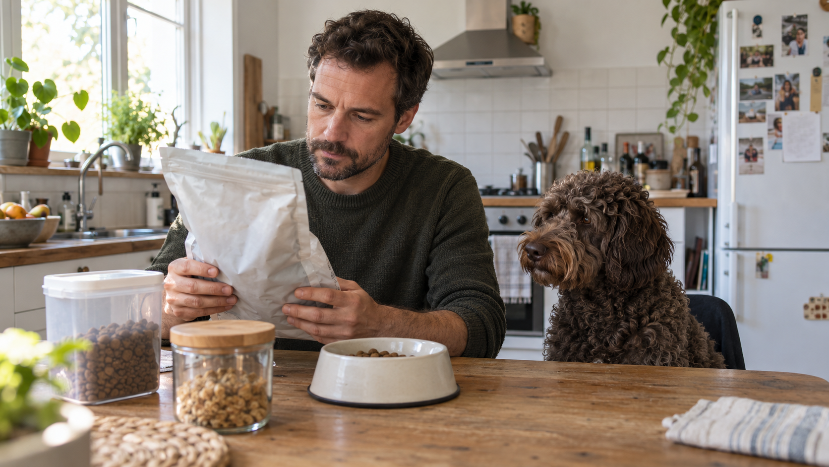 Hypoallergenes Hundefutter – Hundehalter prüft Zutatenliste auf einem Futtersack
