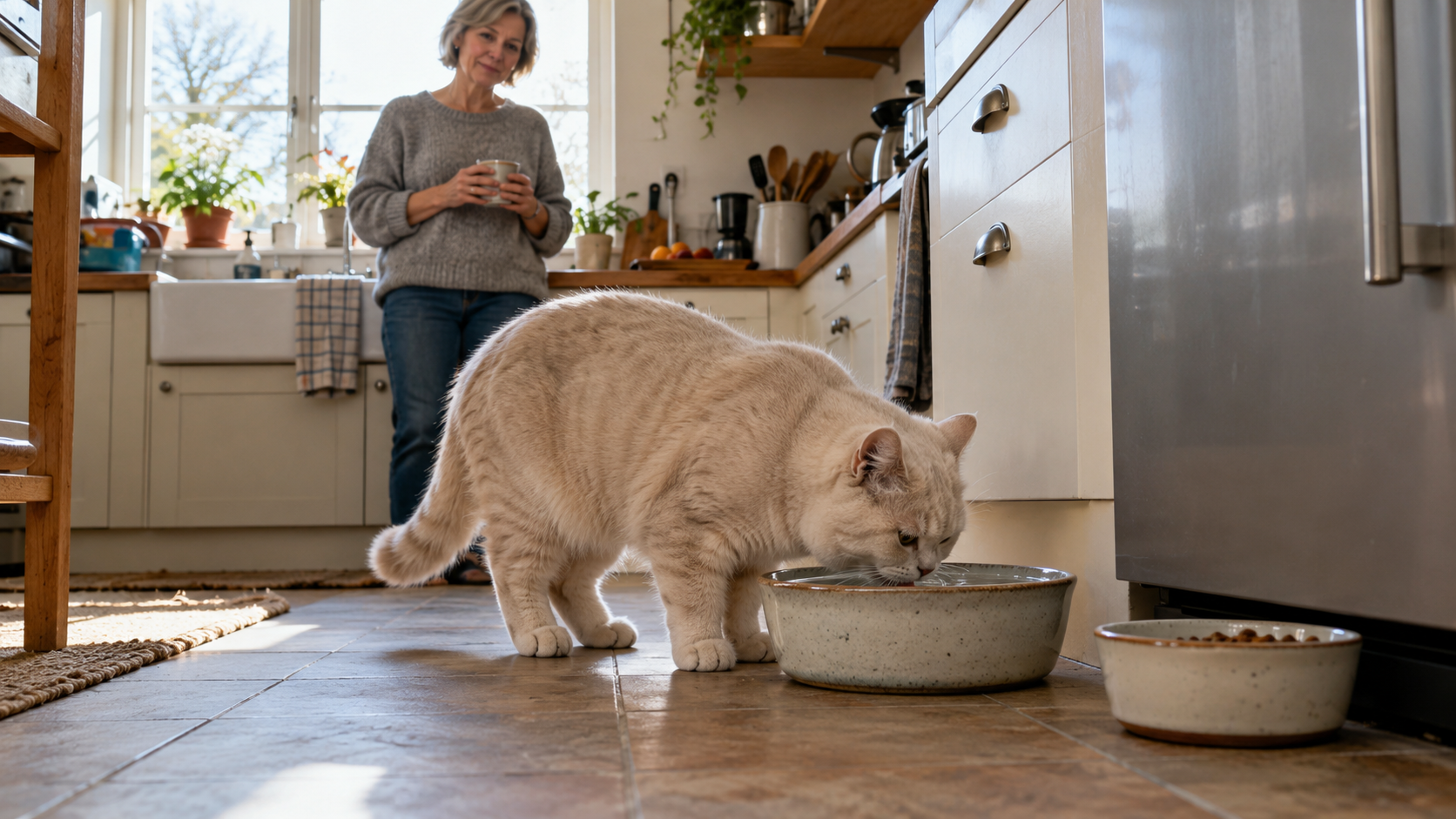 Chronische Nierenkrankheit bei Katzen – ältere Katze trinkt aus einer Wasserschale