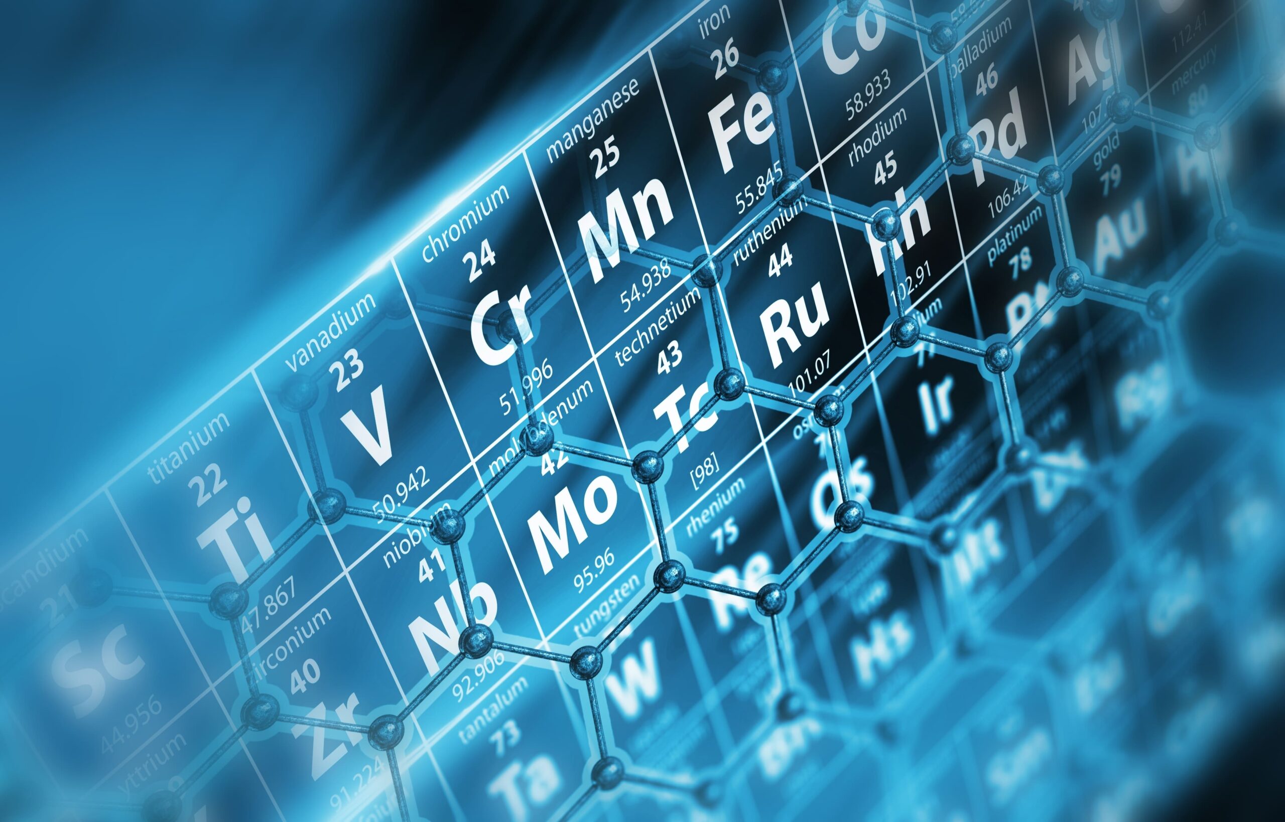 Digitale Grafik mit hervorgehobenen Elementen des Periodensystems