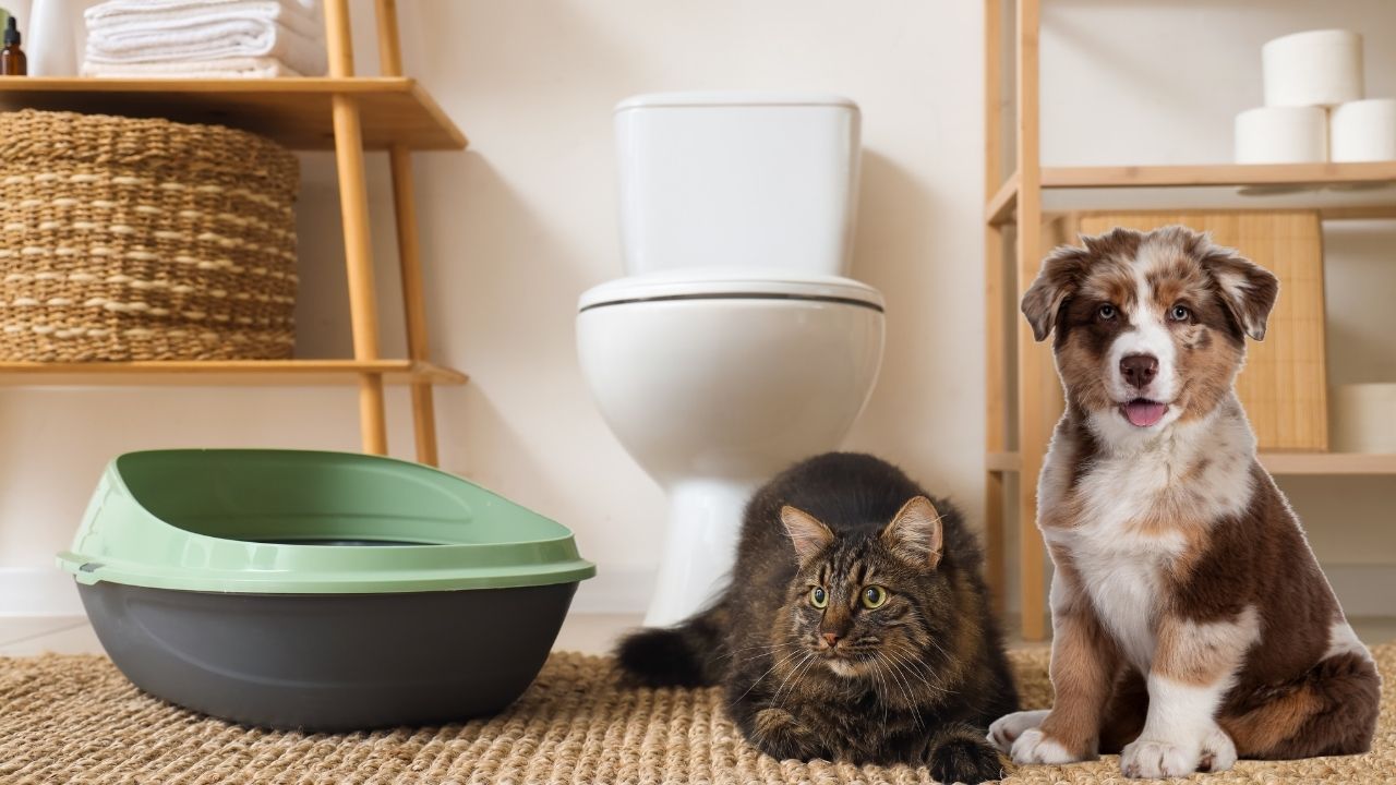 Fotografie von Katze und Hund neben zwei Katzentoiletten in einem Badezimmer